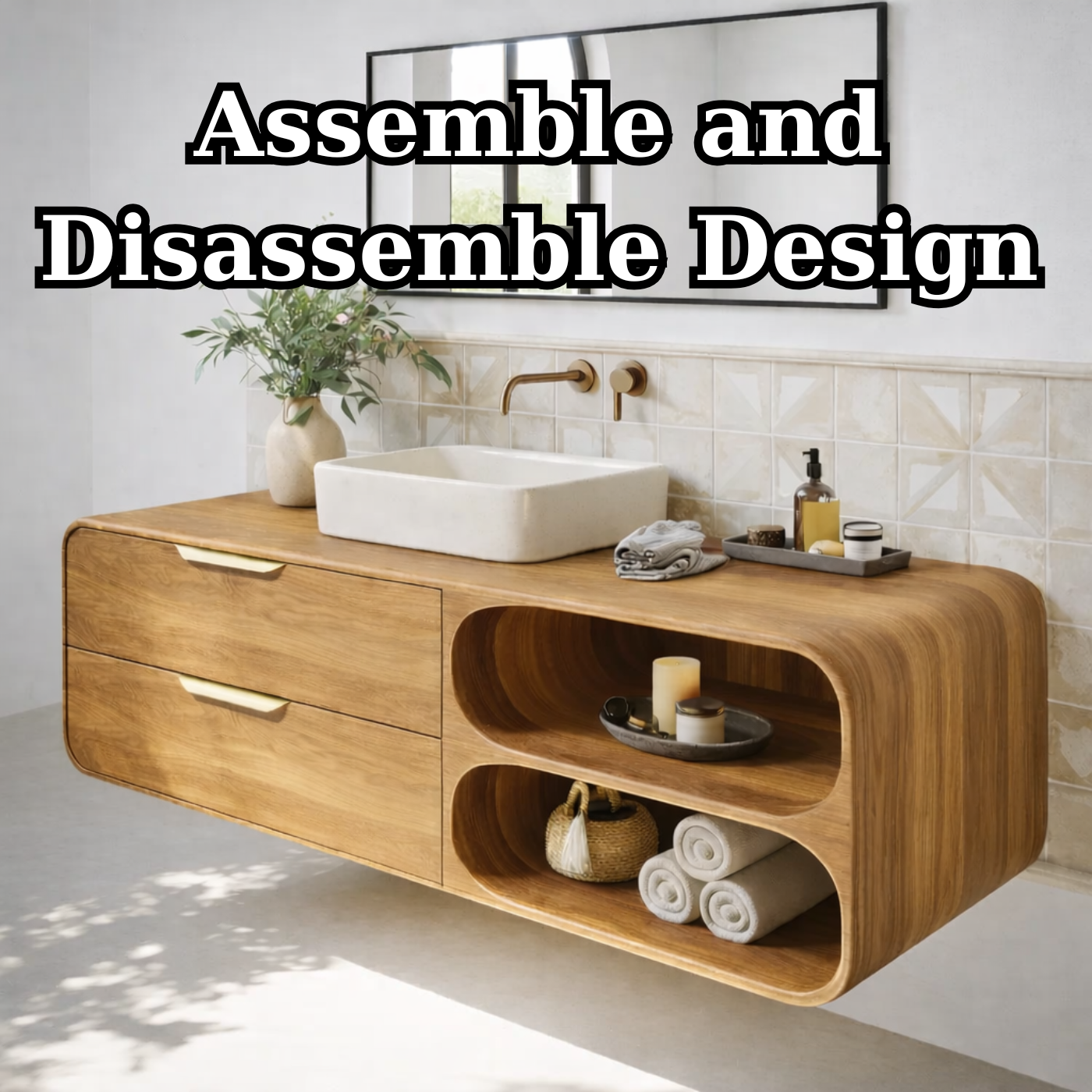 Floating Solid Wood Bathroom Vanity with Drawers and Open Curved Shelves for Modern Bathrooms