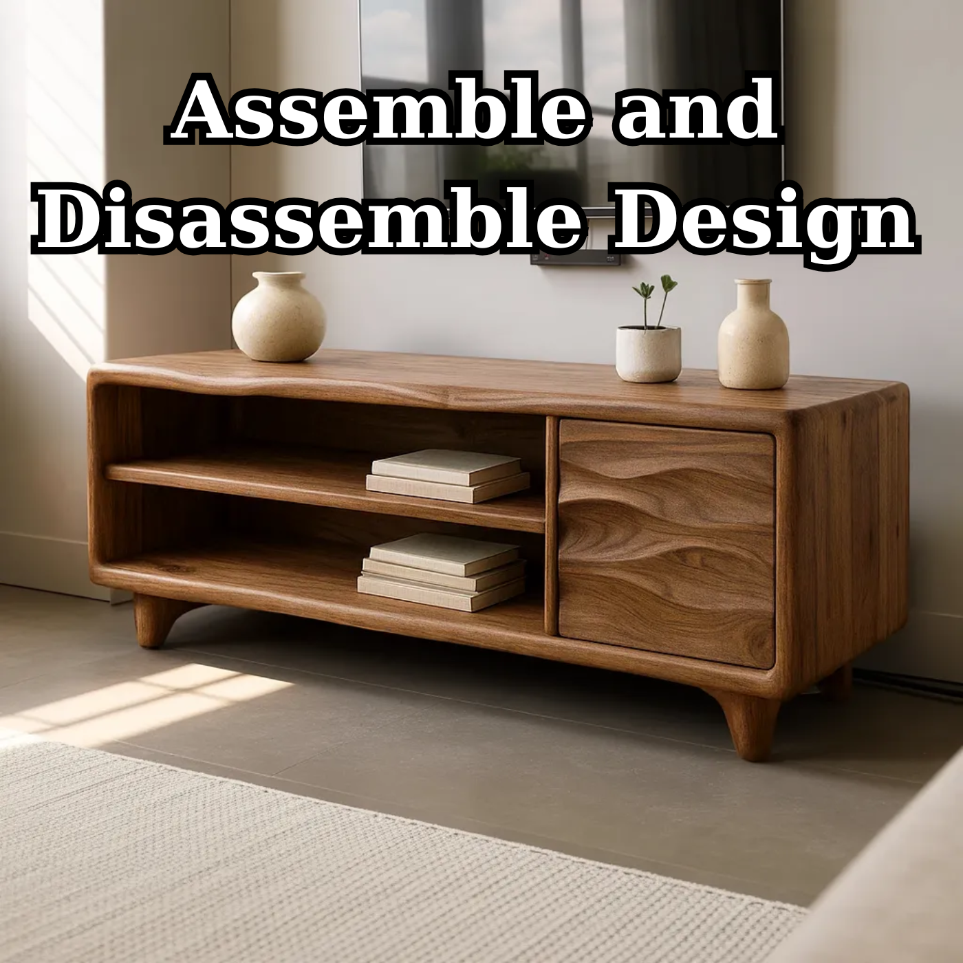 Modern Solid Wood TV Stand with Open Shelves and Wave Grain Cabinet Door