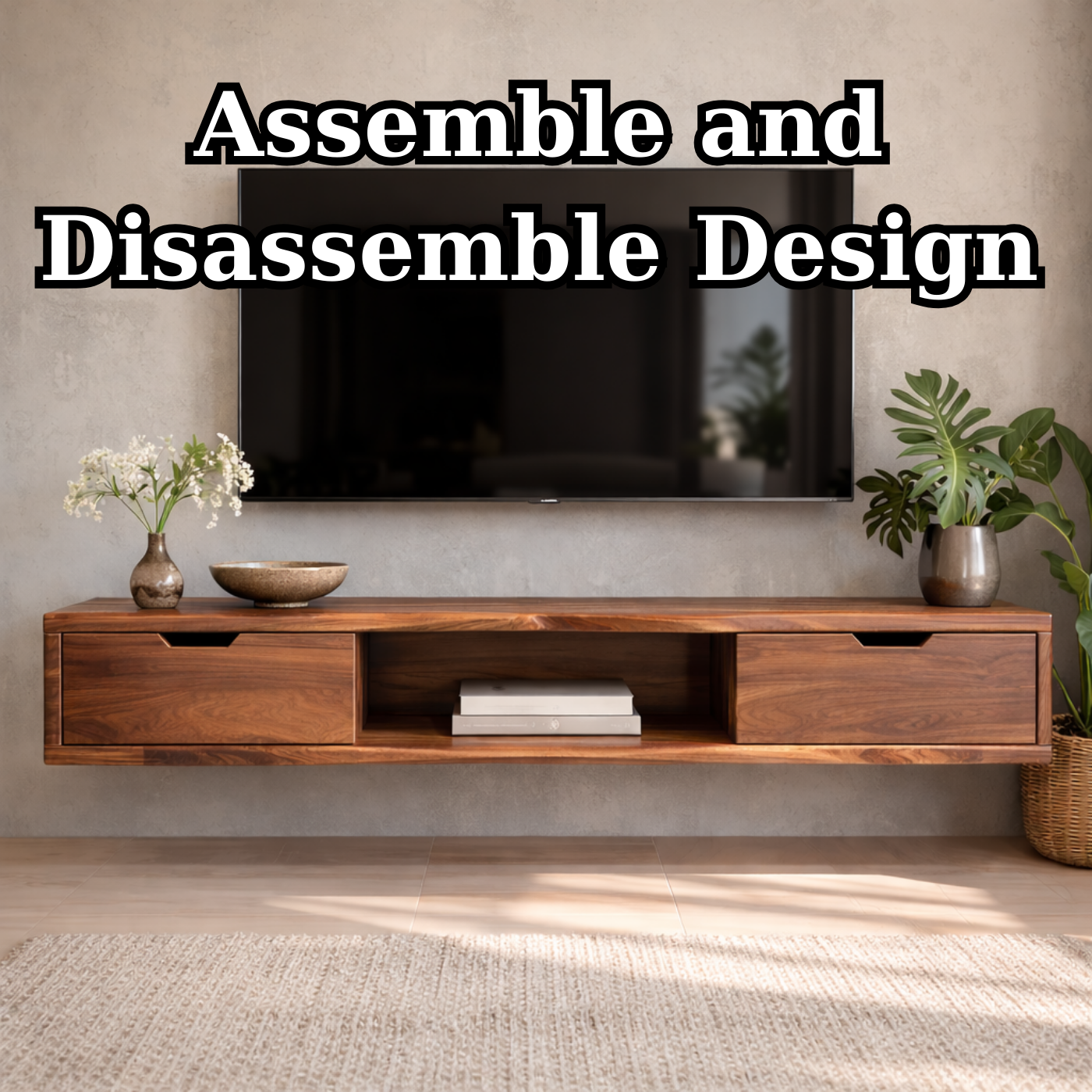 Floating Walnut Wood TV Stand with Drawers and Open Media Shelf