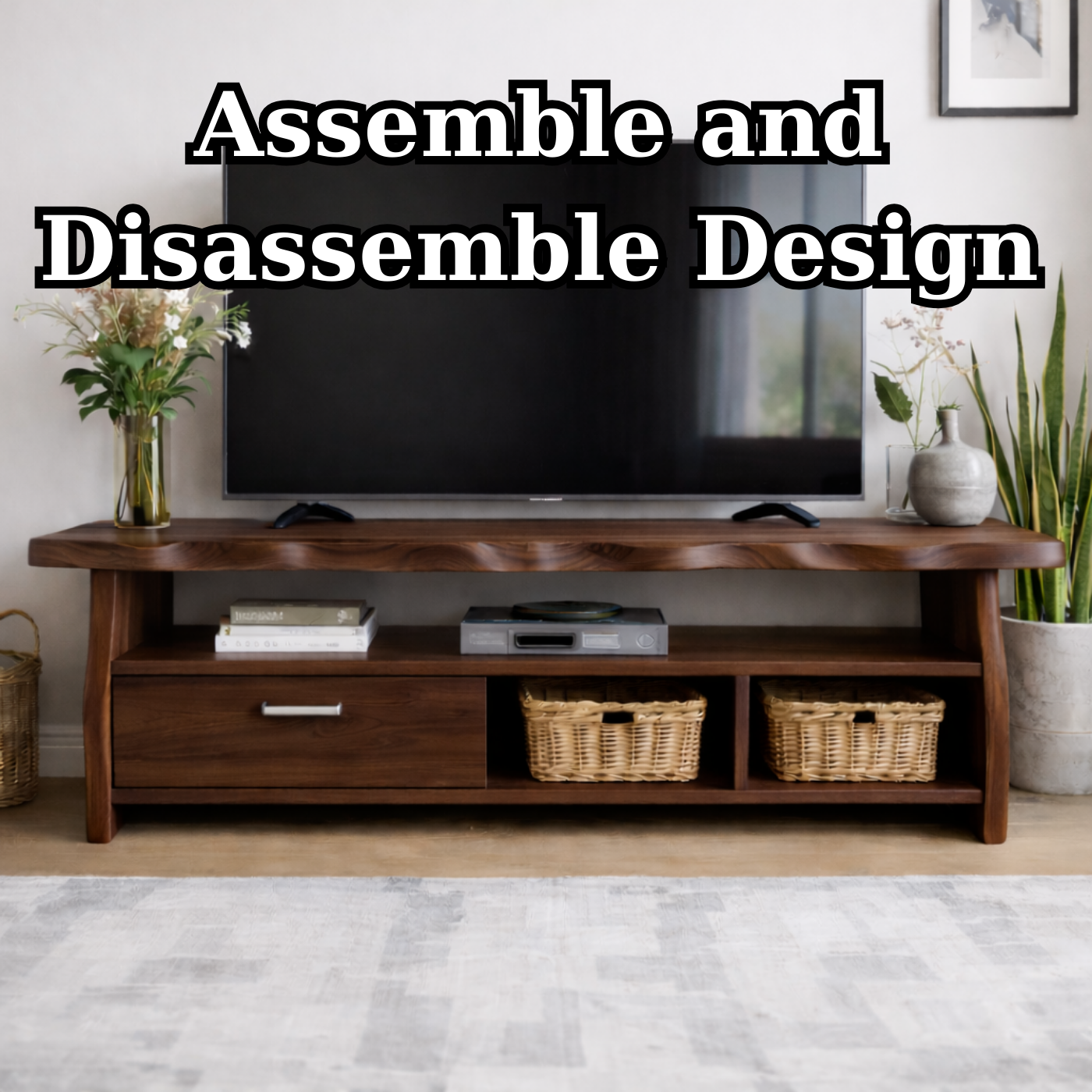 Mid-Century Solid Wood TV Stand with Drawer and Open Storage Shelves