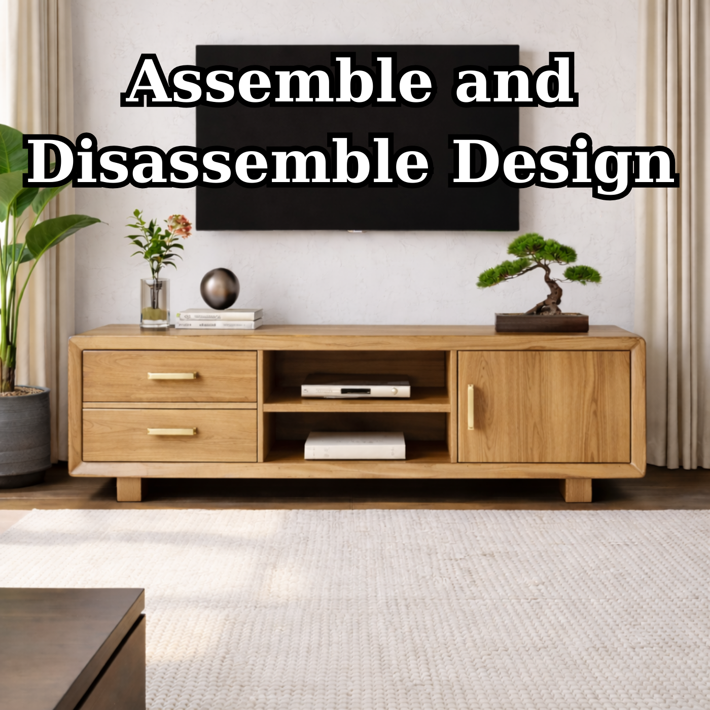 Modern Soild Wood TV Stand with Drawers, Cabinet Door, and Open Media Shelves