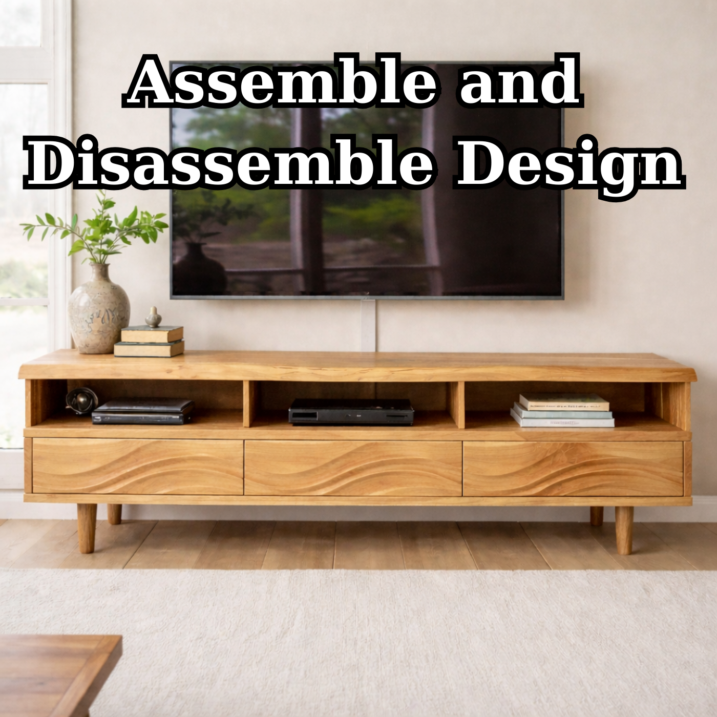 Modern Solid Wood TV Stand with Wave Drawer Fronts and Open Media Shelves
