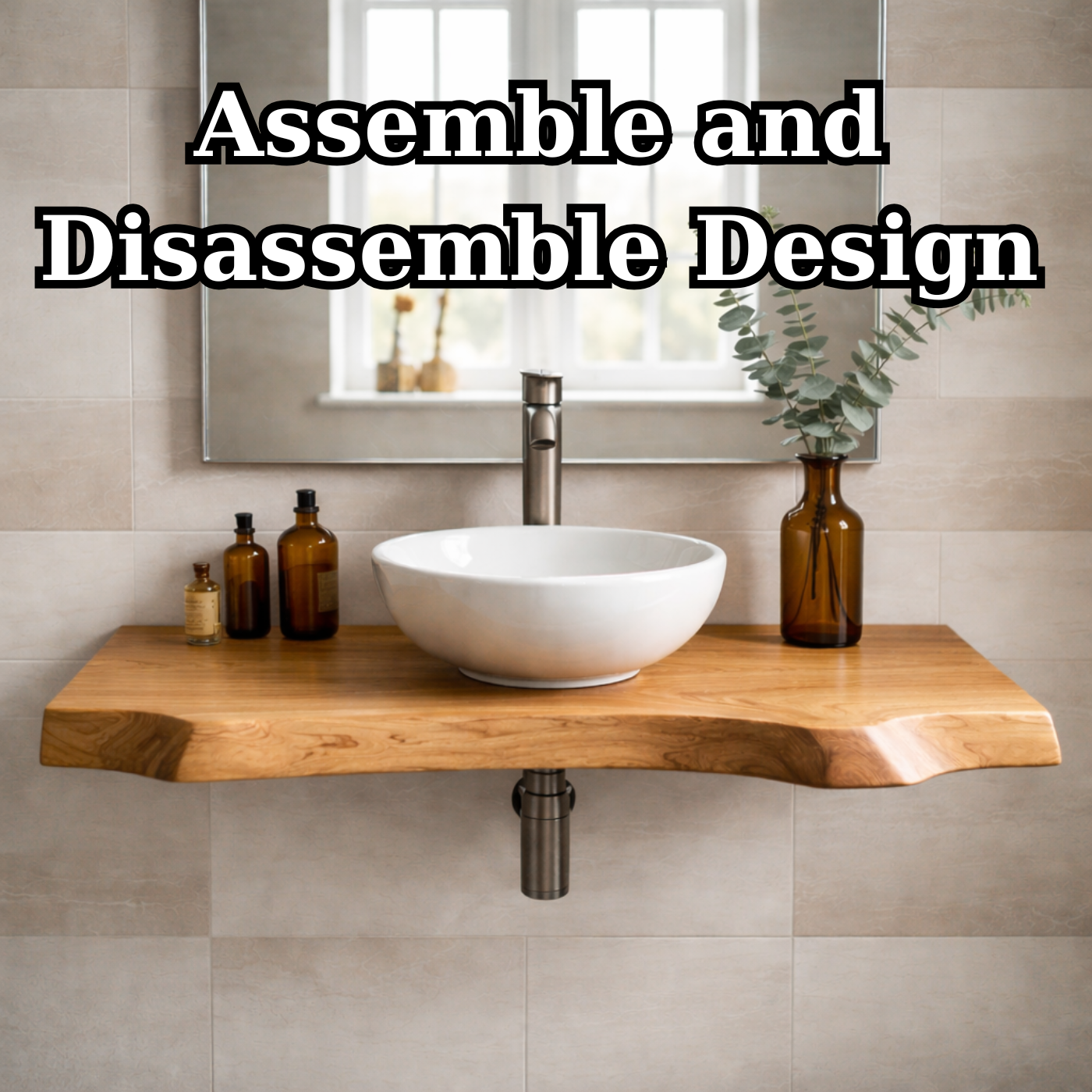 Floating Live Edge Solid Wood Bathroom Vanity – Wall Mounted Natural Wood Slab Vanity