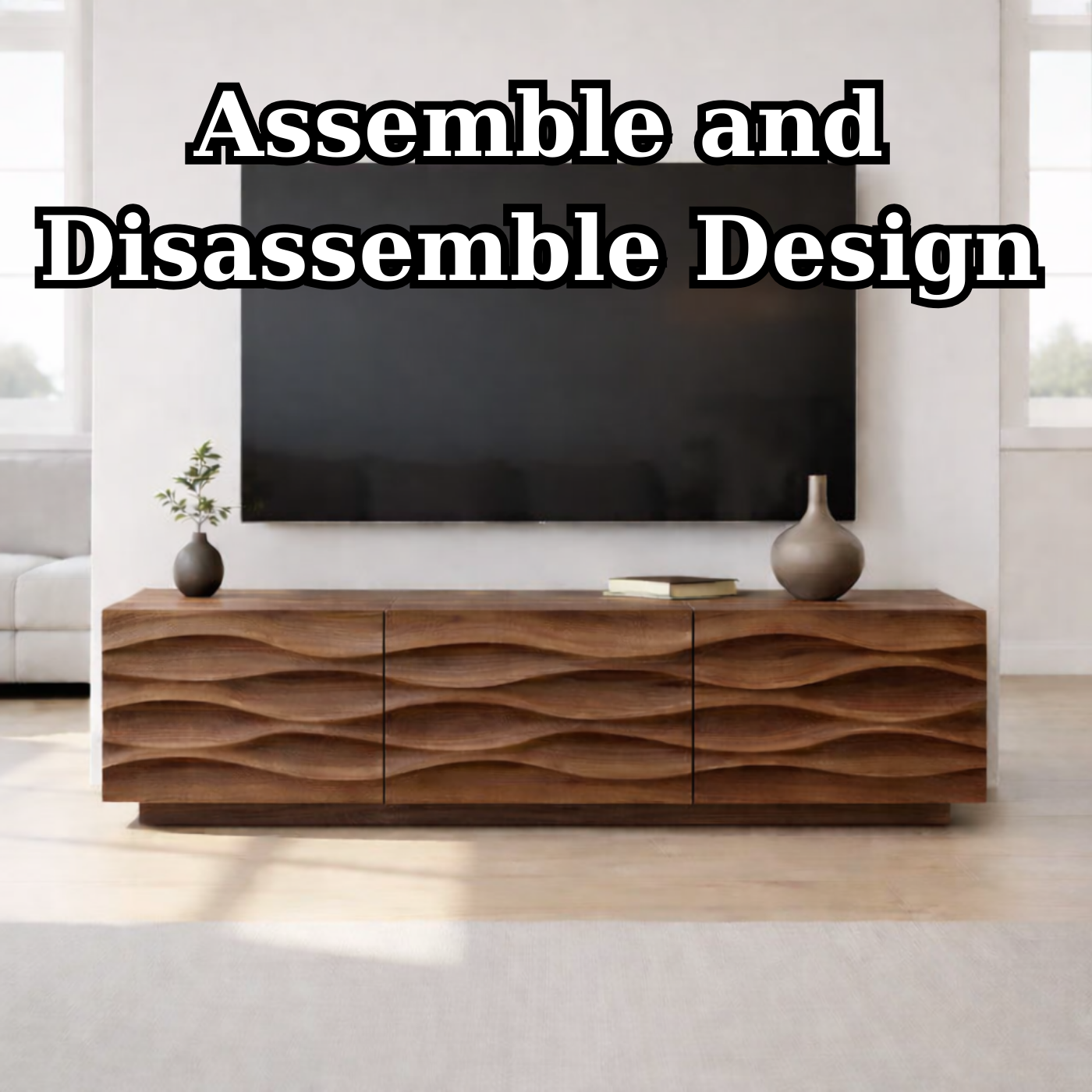 Modern Solid Wood TV Stand with Wave Front Design, Walnut Finish Media Console Cabinet