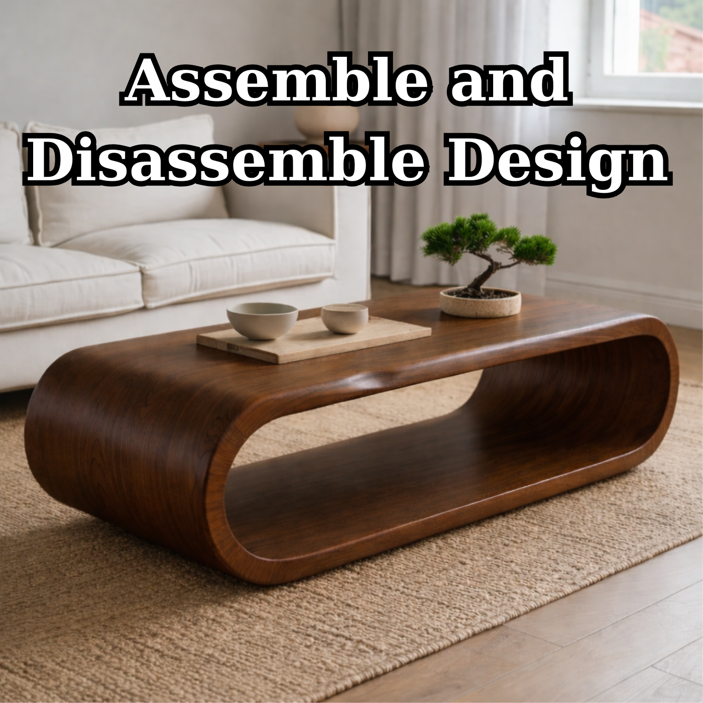 Sculptural Walnut Coffee Table with Curved Design and Open Shelf, Modern Living Room Decor