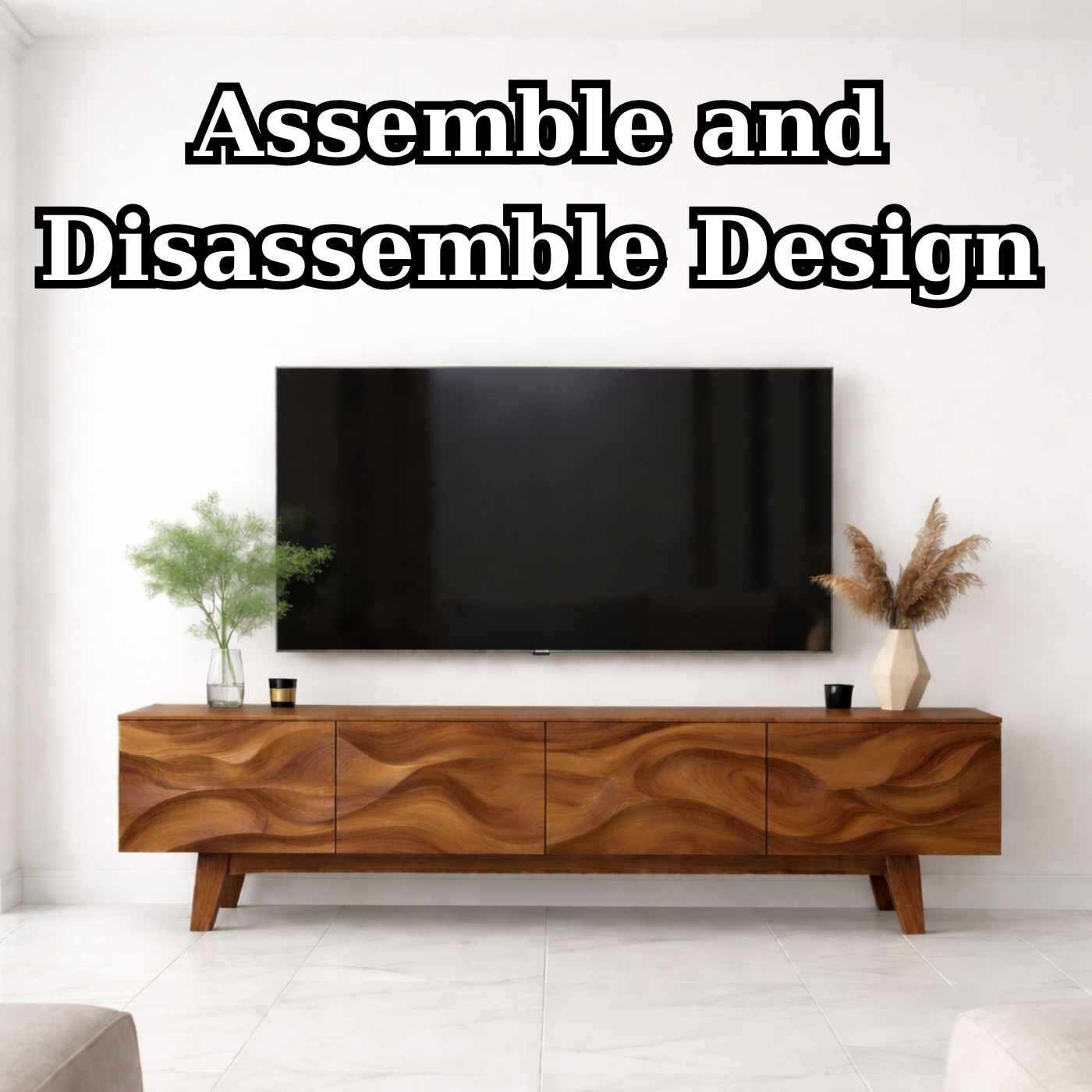 Wave Pattern Solid Wood TV Stand with Storage, Modern Media Console for Living Room
