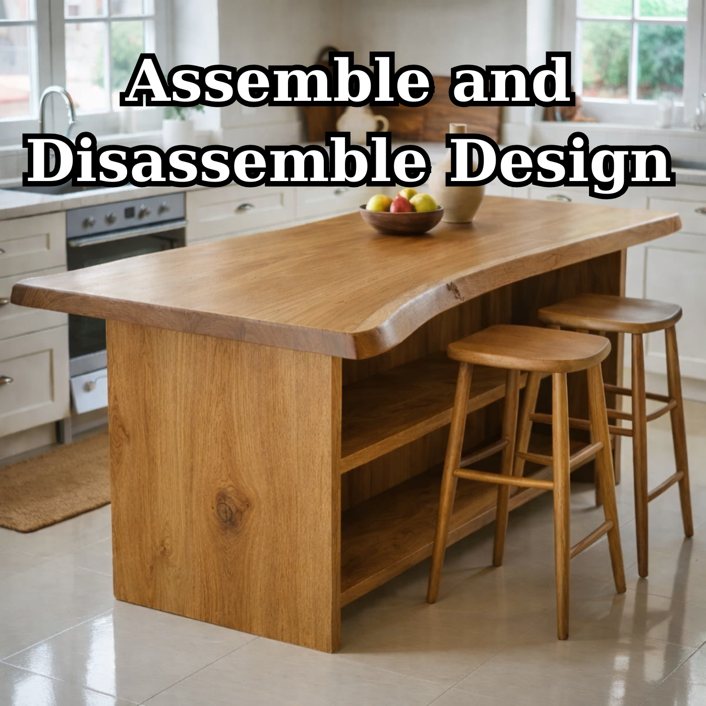 Live Edge Solid Wood Kitchen Island with Open Shelf Storage and Seating Bar Table