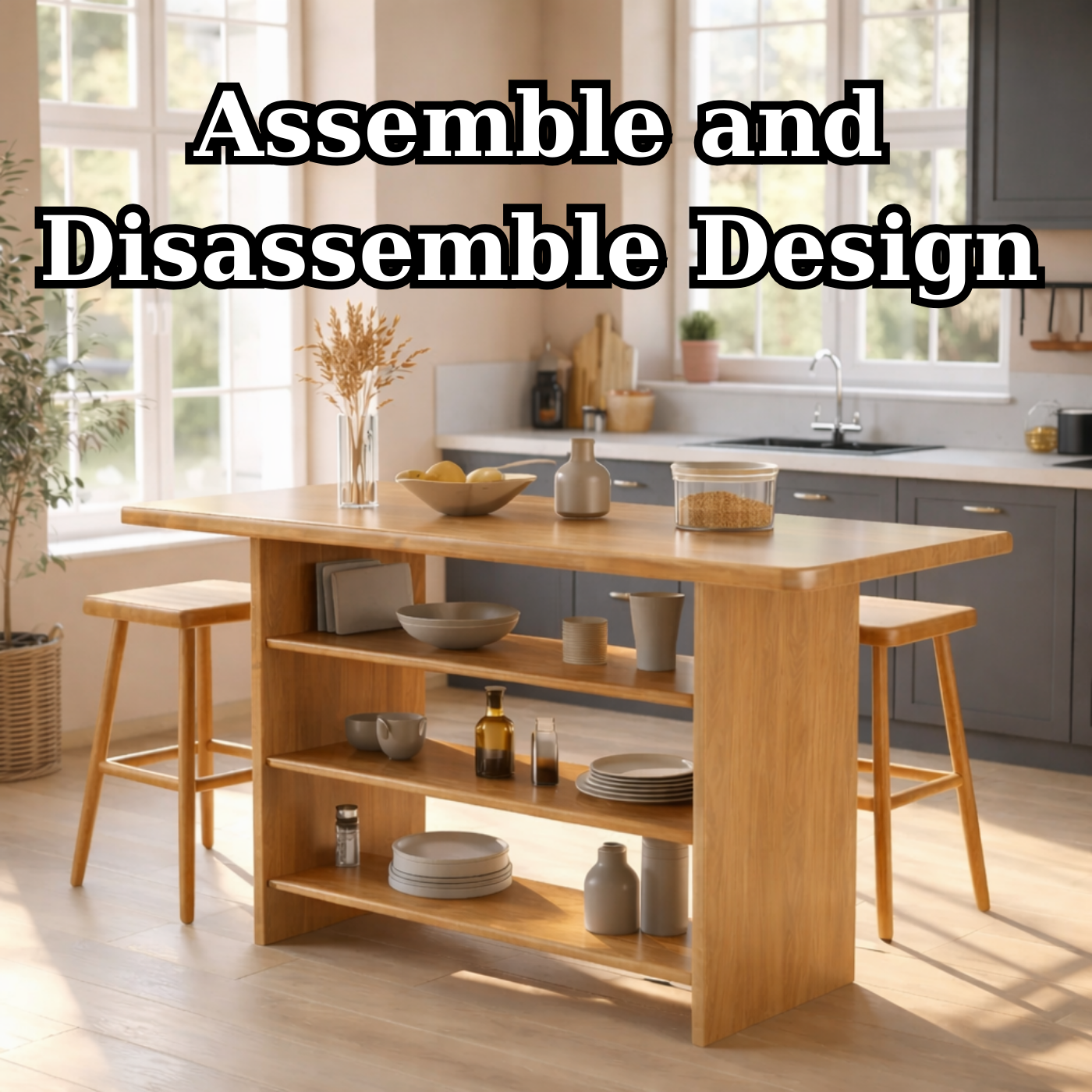 Solid Wood Kitchen Island with Open Storage Shelves and Kitchen Bar Table