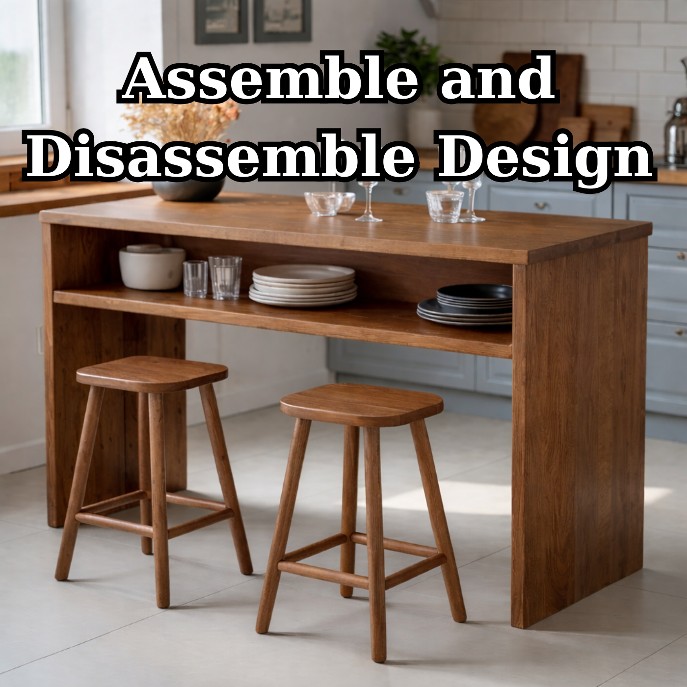 Modern Solid Wood Kitchen Island with Open Shelf Storage and Breakfast Bar Table