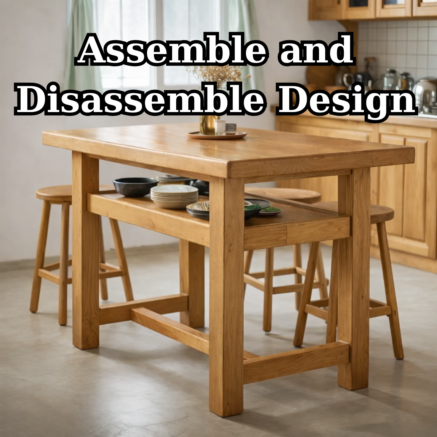 Solid Wood Kitchen Island Table with Open Shelf Storage and Spacious Prep Surface