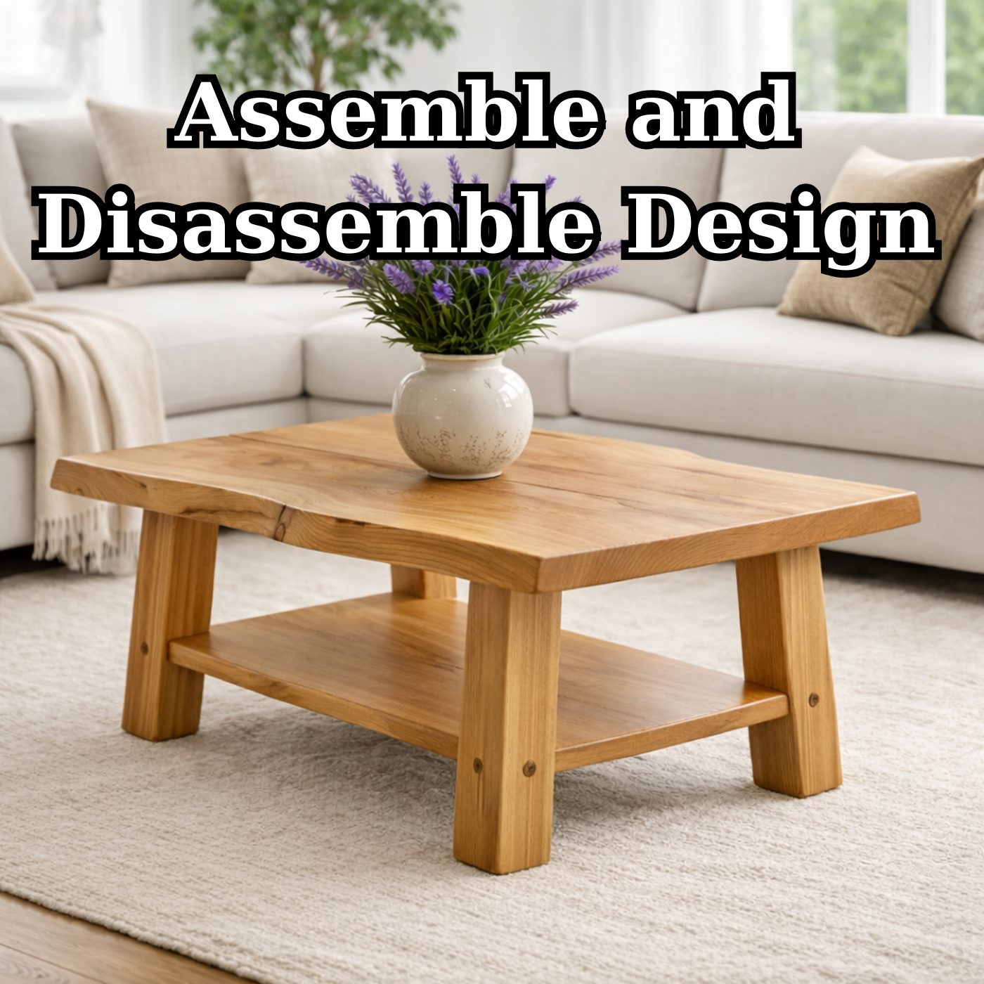 Solid Wood Coffee Table with Storage Shelf Rustic Wooden Living Room Table