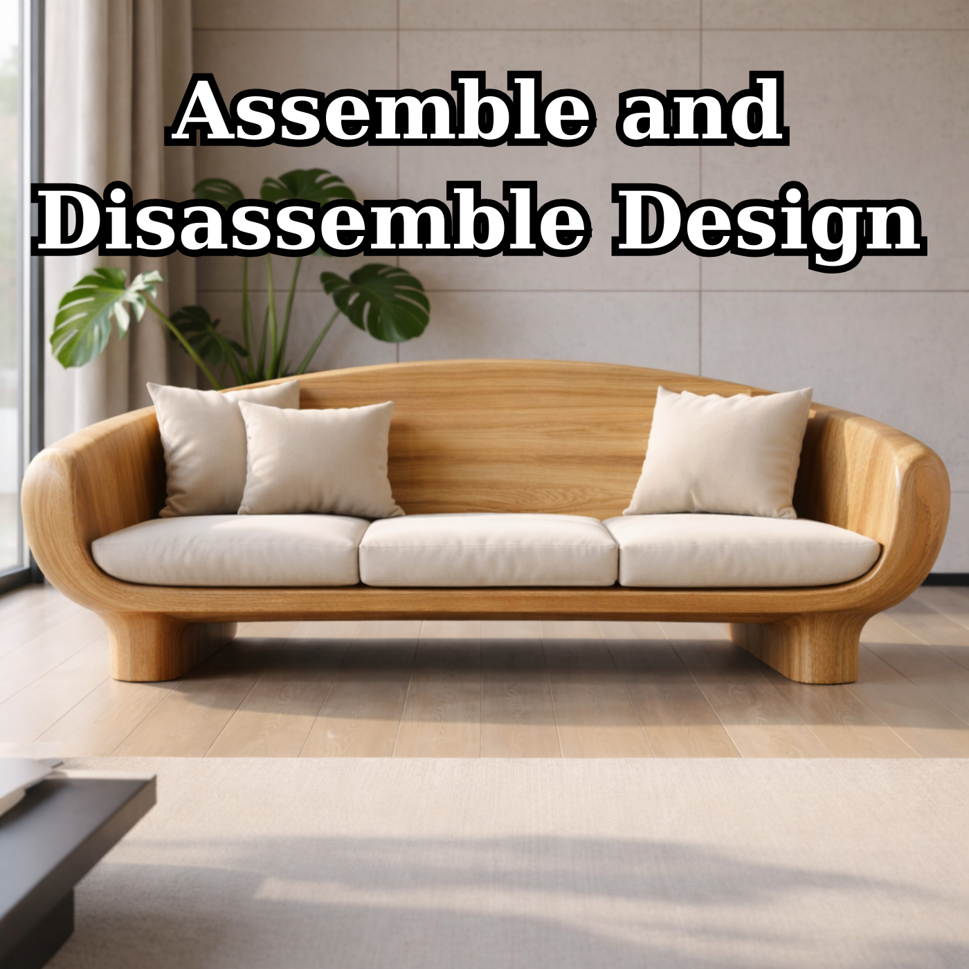 Modern Solid Oak Sofa with Curved Wooden Frame Minimalist Scandinavian Living Room Couch