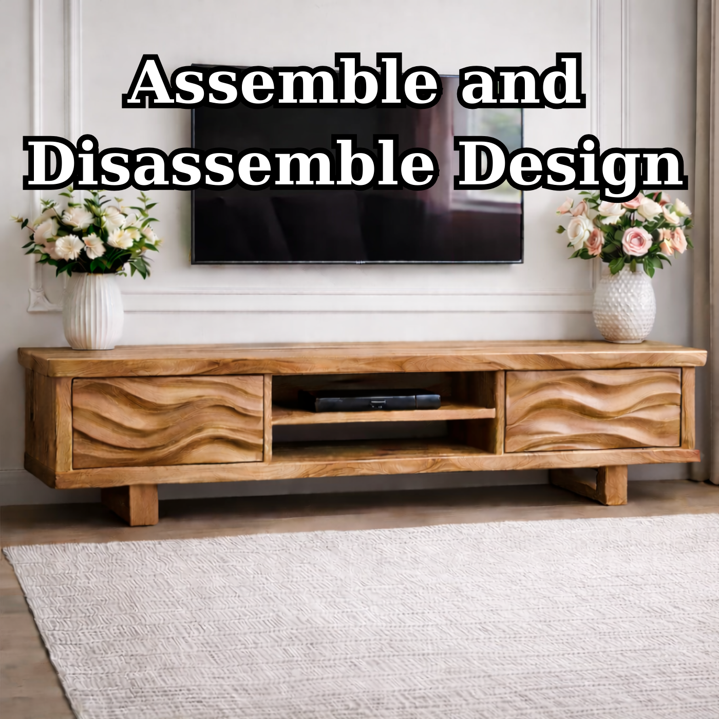 Solid Wood TV Stand with Wave Pattern Doors Modern Wooden Media Console for Living Room