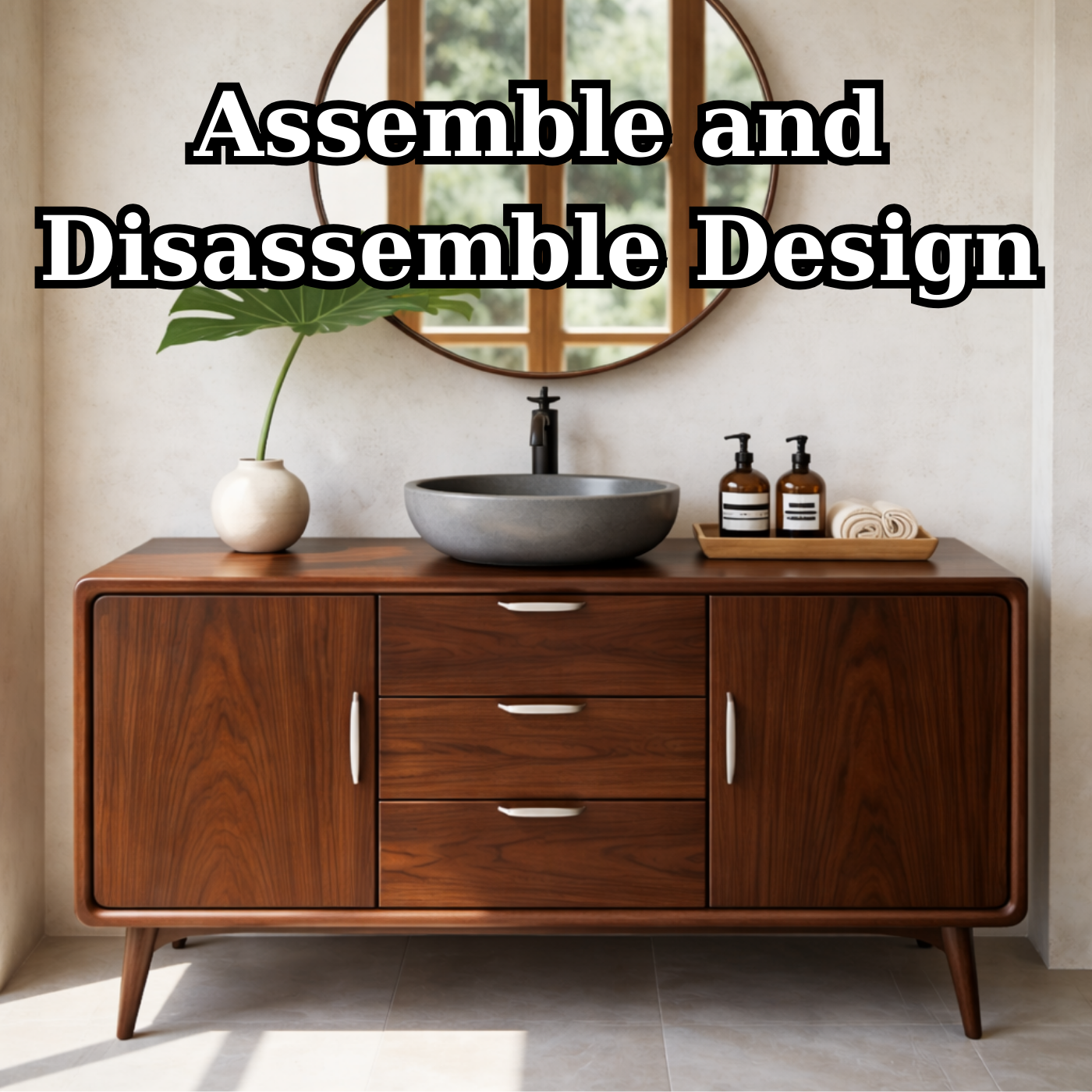 Mid Century Solid Wood Bathroom Vanity with Drawer Storage and Cabinet Doors