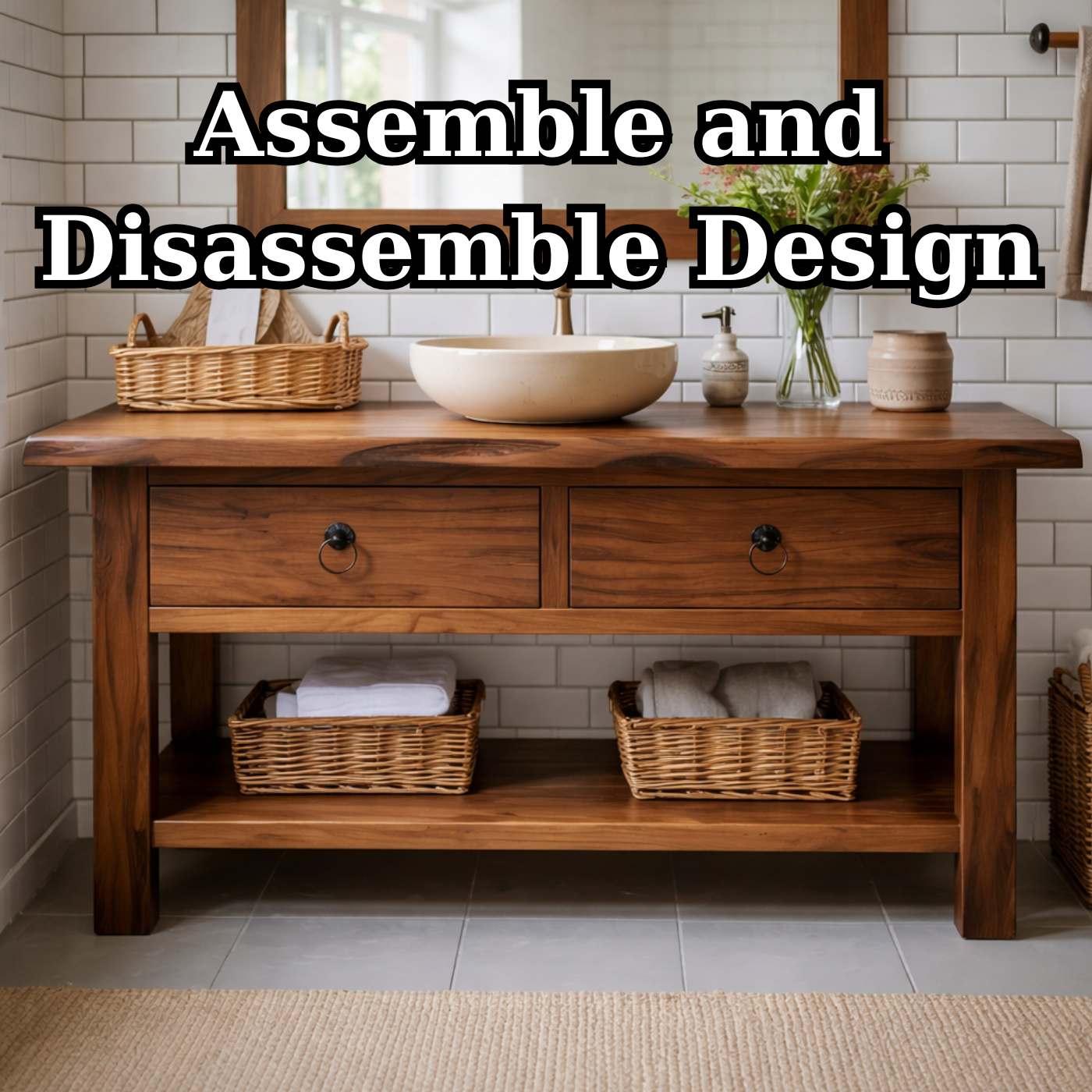 Solid Wood Bathroom Vanity with Open Shelf Storage and Double Drawer Design