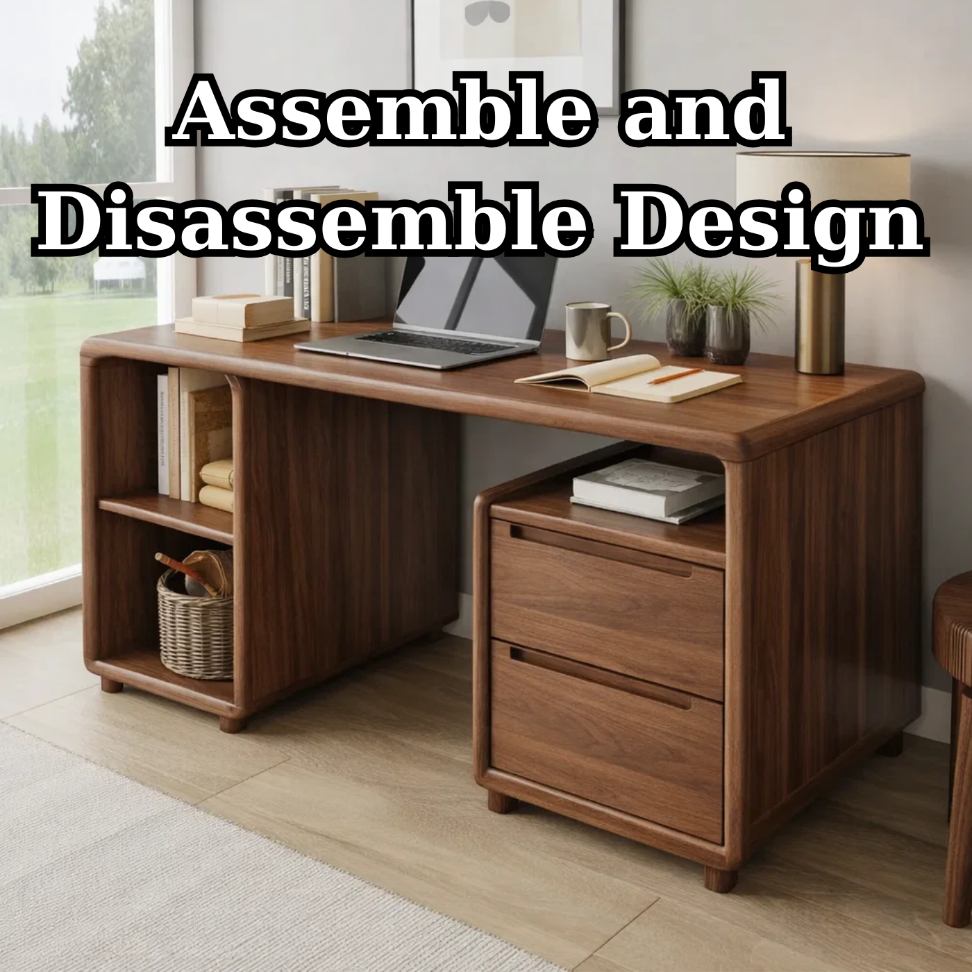 Modern Solid Wood Desk with Curved Edges and Integrated Storage Drawers