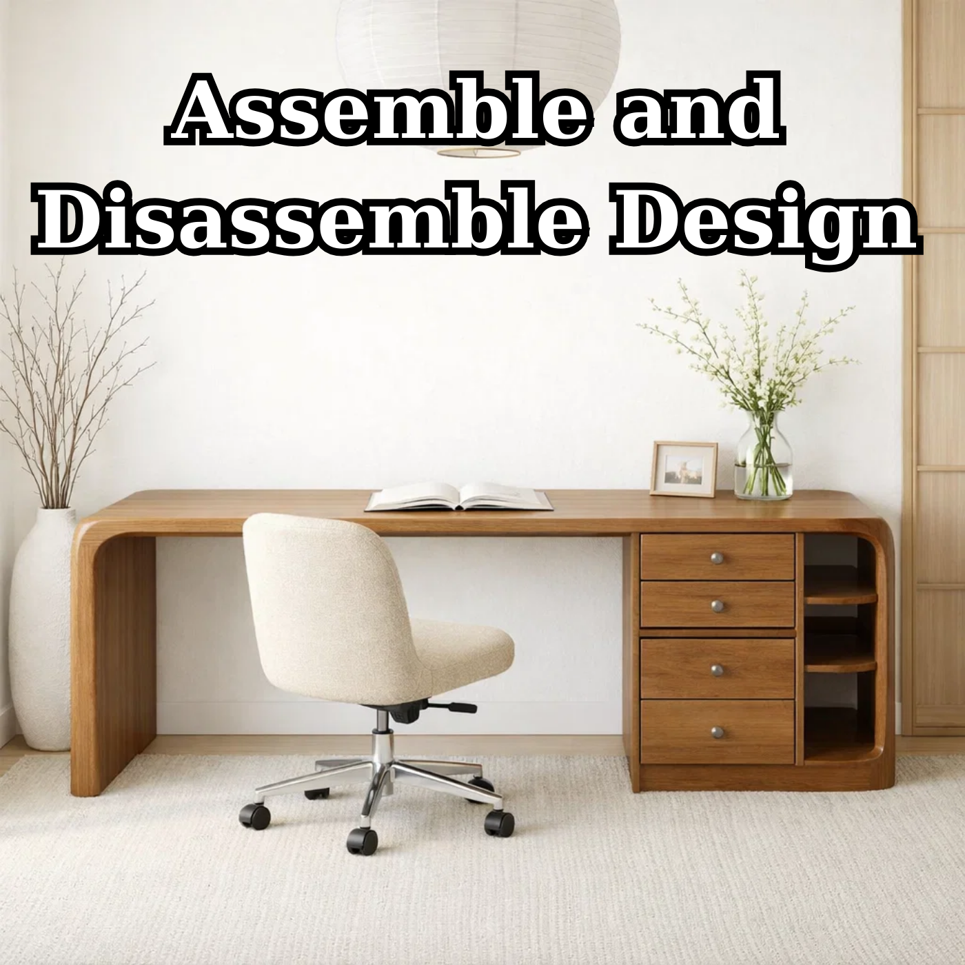 Solid Wood Waterfall Desk with Integrated Storage Drawers and Open Shelf