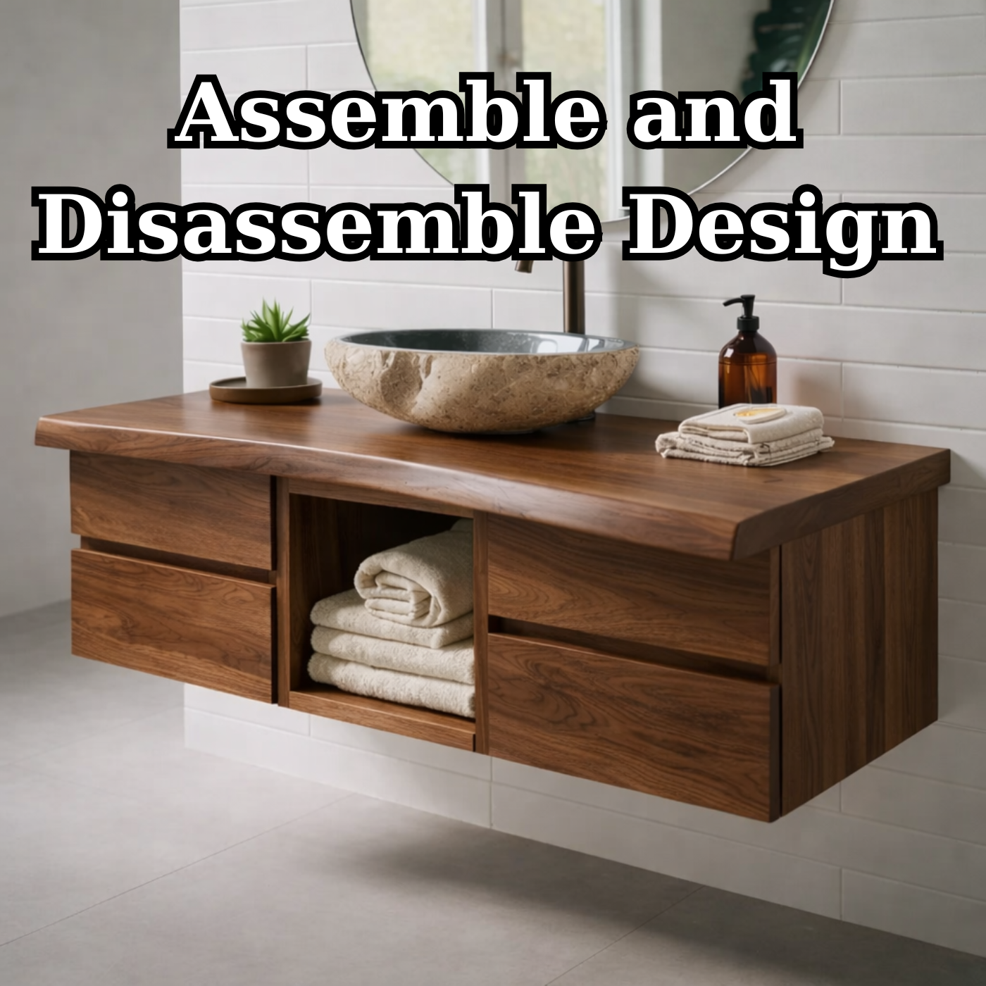 Floating Solid Wood Bathroom Vanity with Drawers and Open Shelf – Modern Minimalist Wall Mounted Cabinet