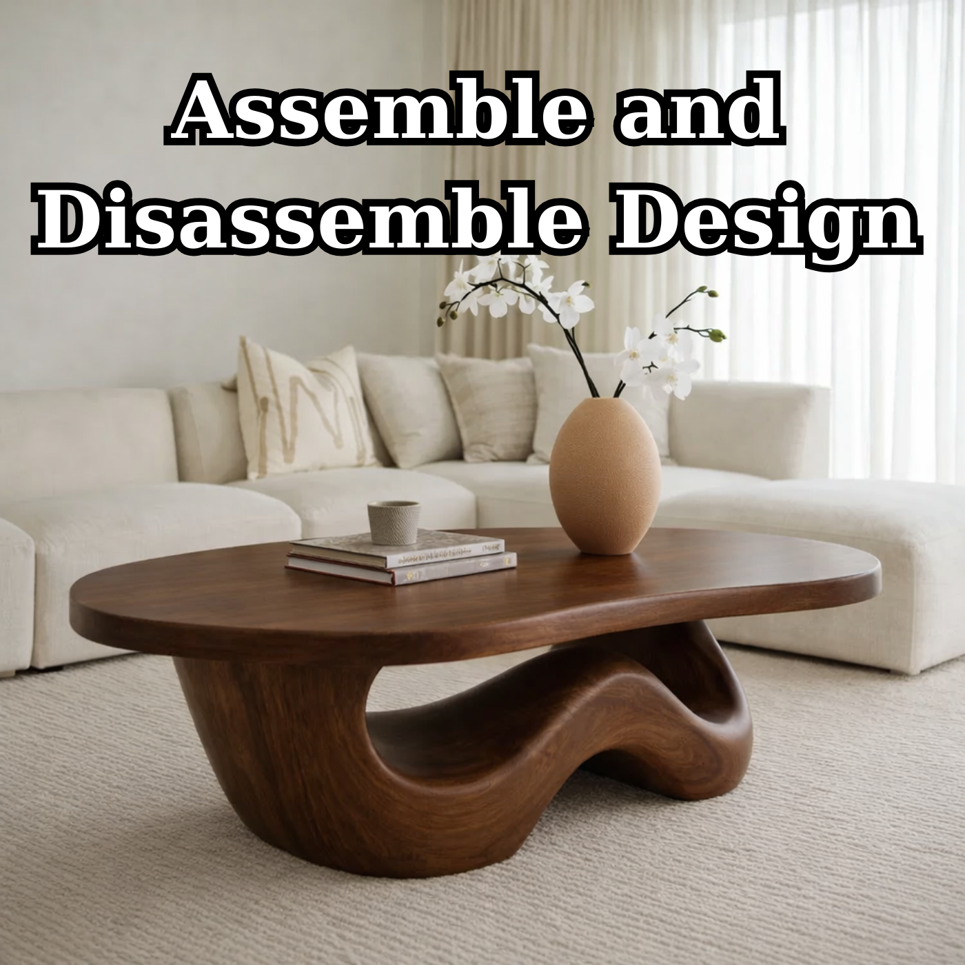 Solid Wood Coffee Table with Sculpted Organic Wave Base
