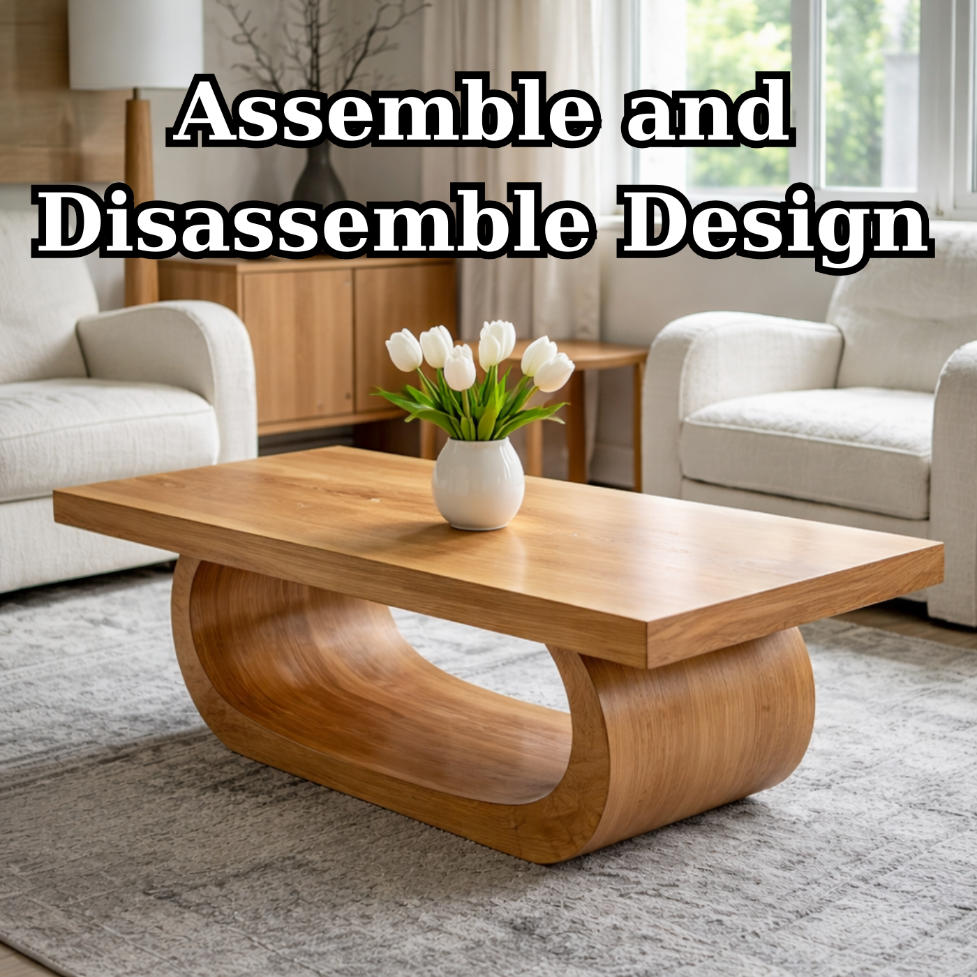 Solid Wood Coffee Table for Living Room with Curved Sculptural Base