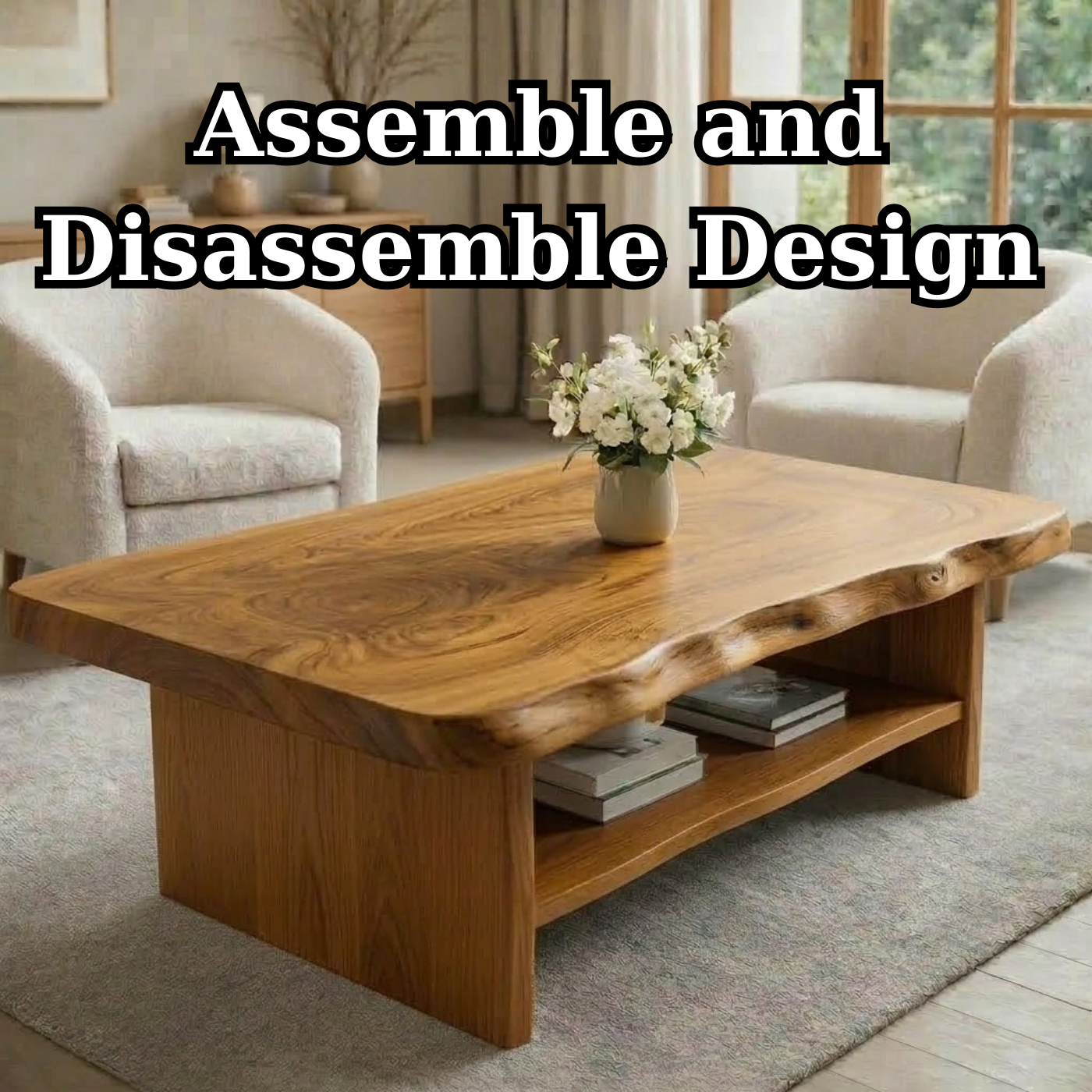 Solid Wood Coffee Table for Living Room with Live Edge Top and Storage Shelf