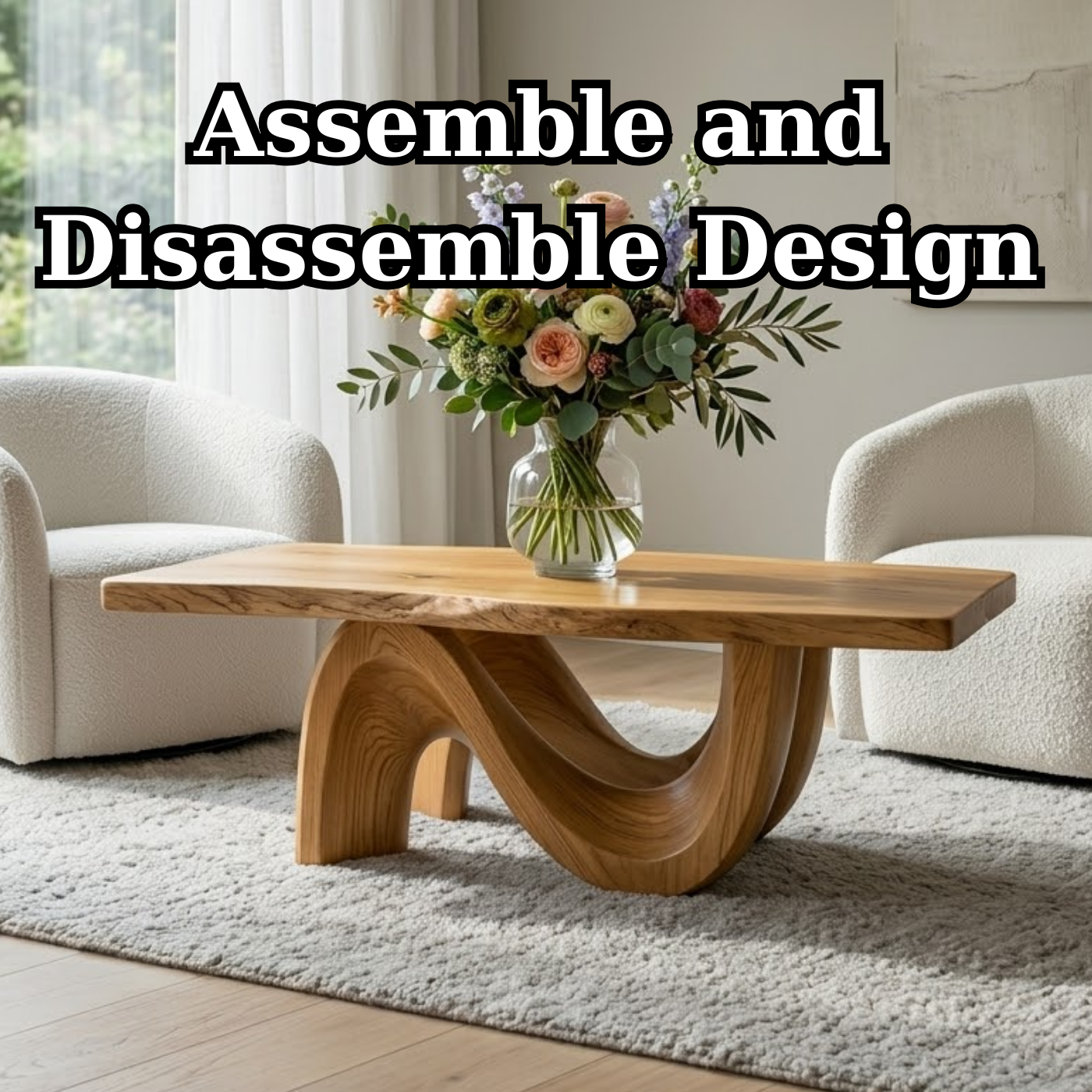 Solid Wood Coffee Table for Modern Living Room with Sculptural Curved Base