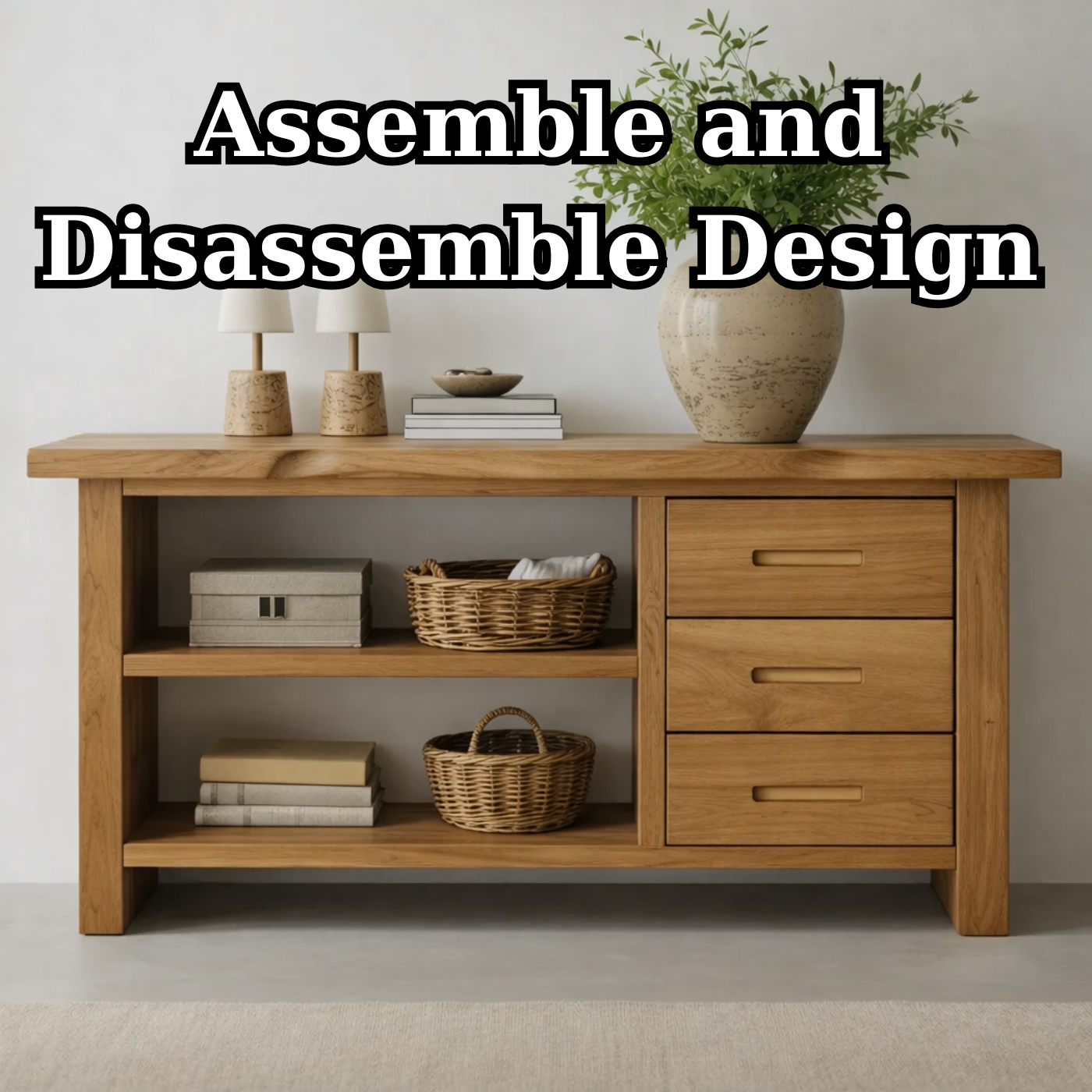 Solid Wood Console Table for Living Room with Open Shelves and Drawers