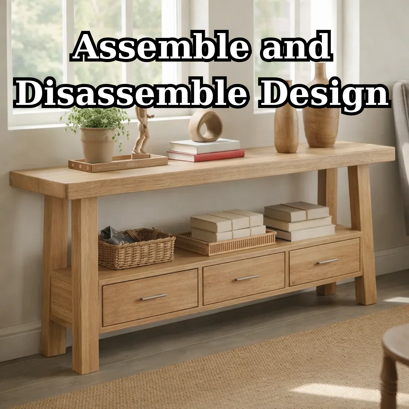 Solid Wood Console Table for Living Room with 3 Drawers and Open Shelf