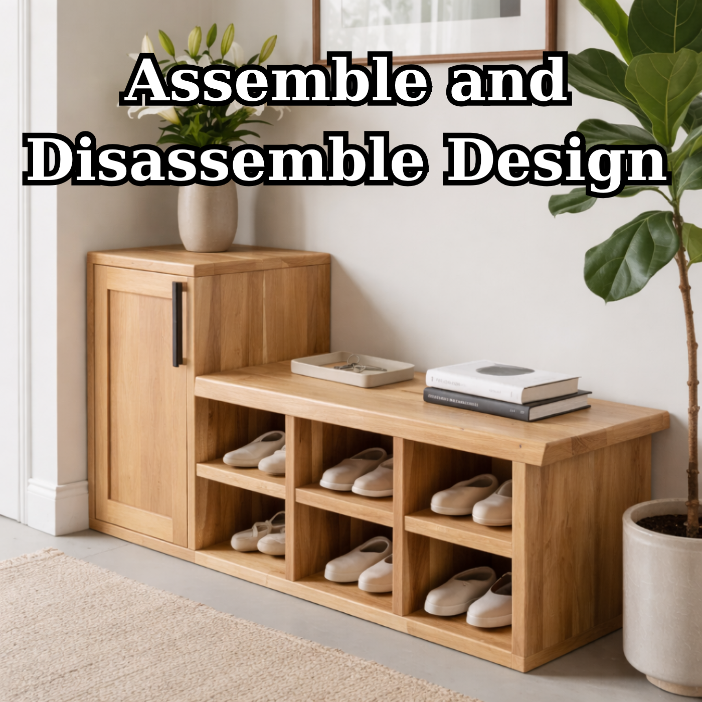 Solid Wood Shoe Storage Bench with Cabinet Door & Open Cubby Shelves – Entryway Shoe Organizer Bench