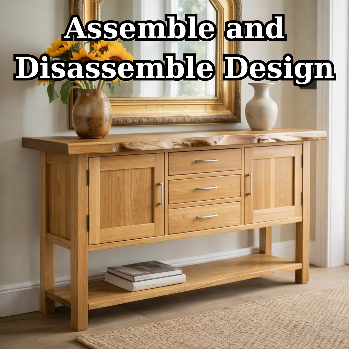 Solid Wood Sideboard Console Table with Drawers, Cabinet Doors & Lower Shelf – Entryway Storage Cabinet