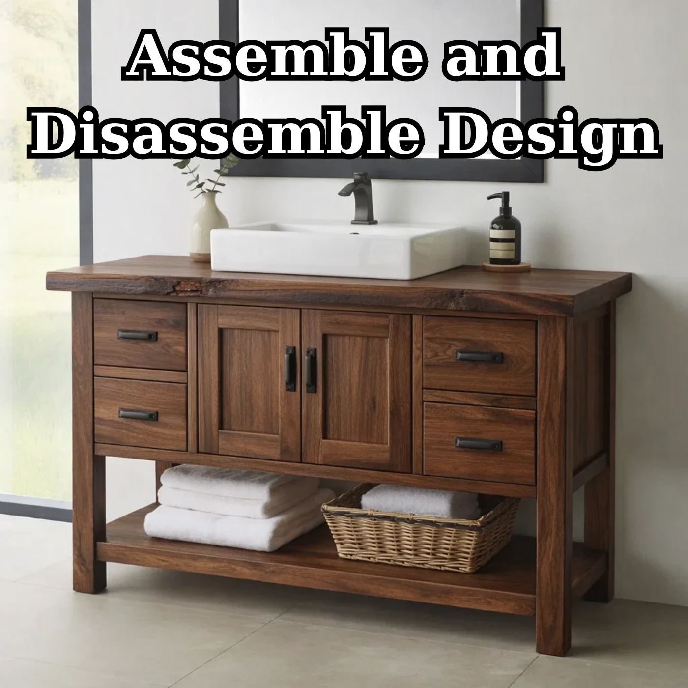 Solid Wood Bathroom Vanity with Drawers, Cabinet Doors & Open Shelf – Rustic Farmhouse Vanity