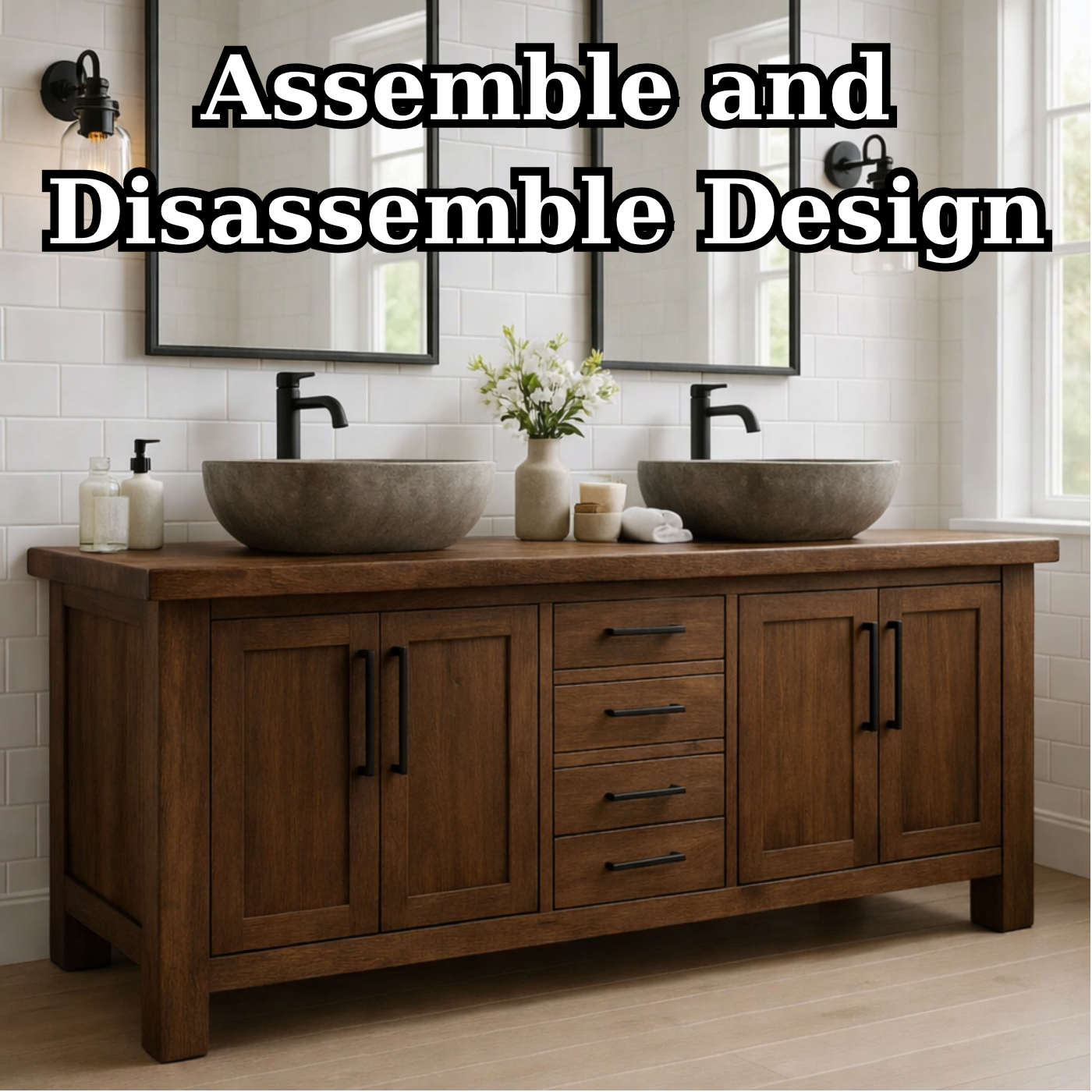 Solid Wood Double Bathroom Vanity Cabinet with Drawers & Doors – Rustic Farmhouse Vanity Base