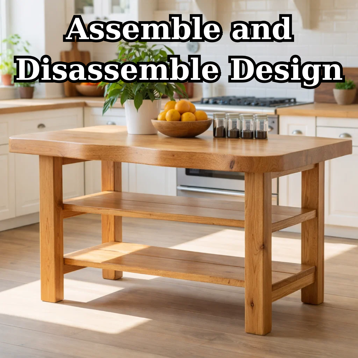 Solid Wood Kitchen Island Table with Double Storage Shelves – Farmhouse Prep & Storage Table