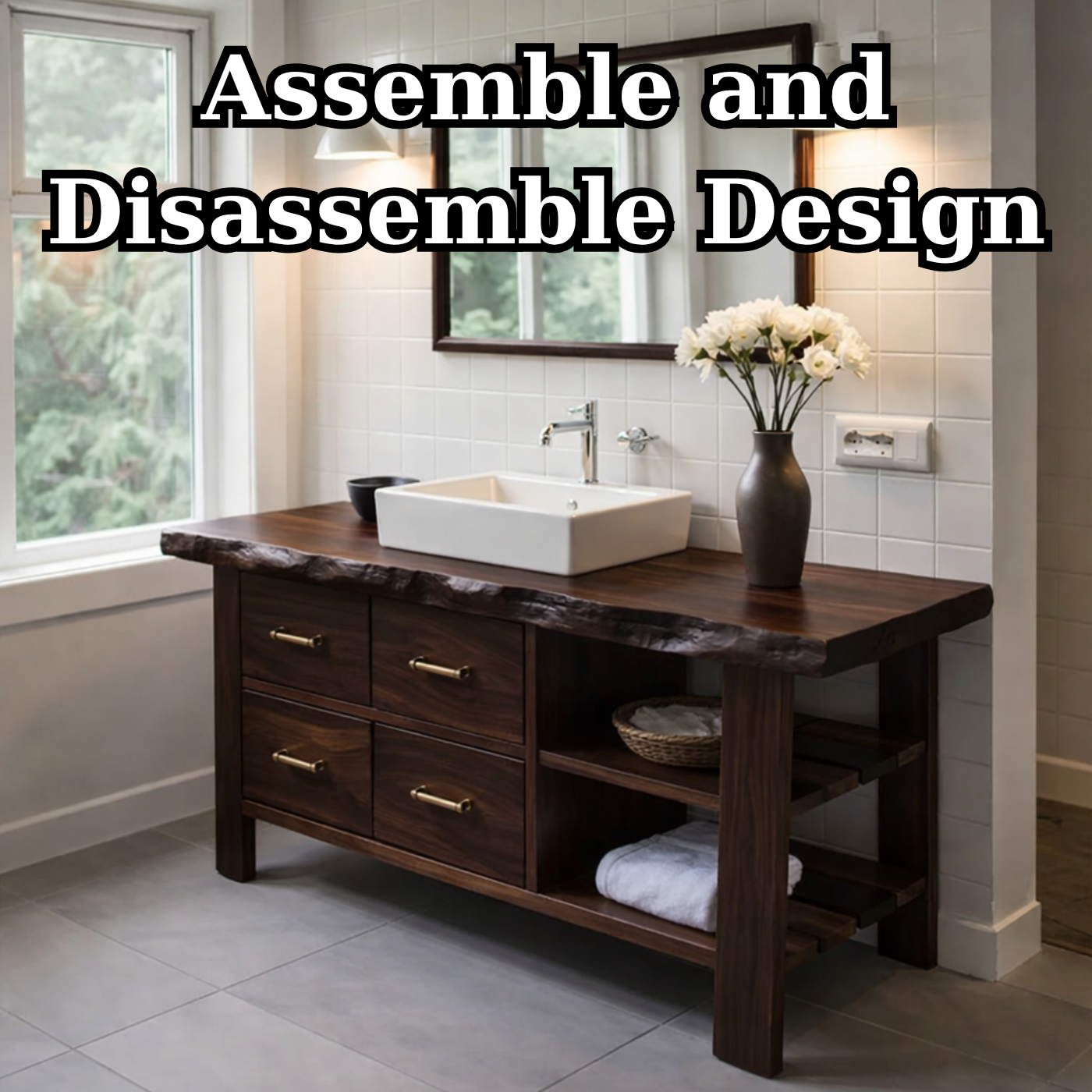 Solid Wood Rustic Bathroom Vanity with Drawers & Open Shelf – Live Edge Vanity Cabinet