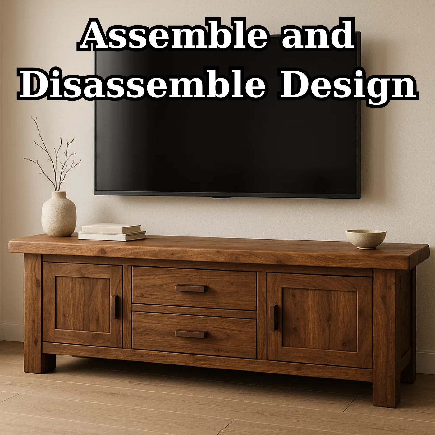 Solid Wood TV Stand with Drawers and Cabinets – Rustic Modern Media Console