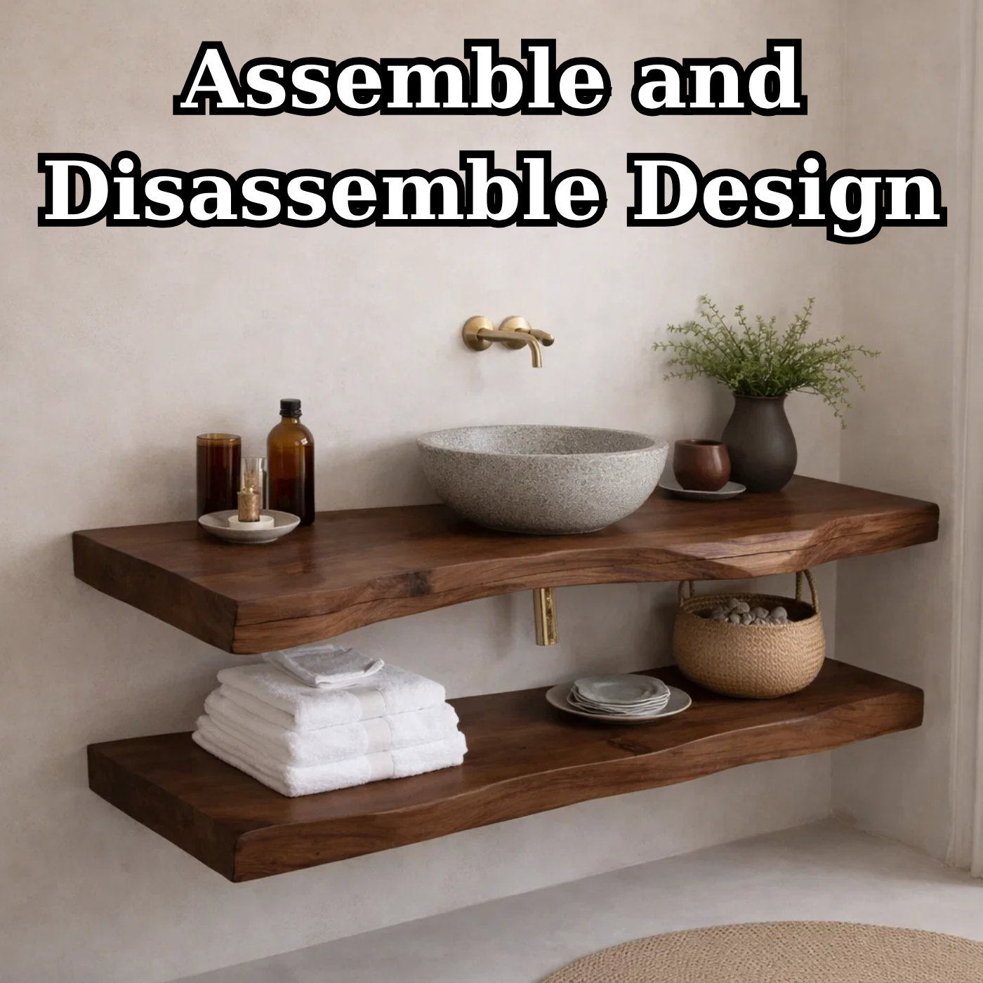 Floating Solid Wood Bathroom Vanity Shelf with Live Edge – Rustic Wall Mounted Vanit