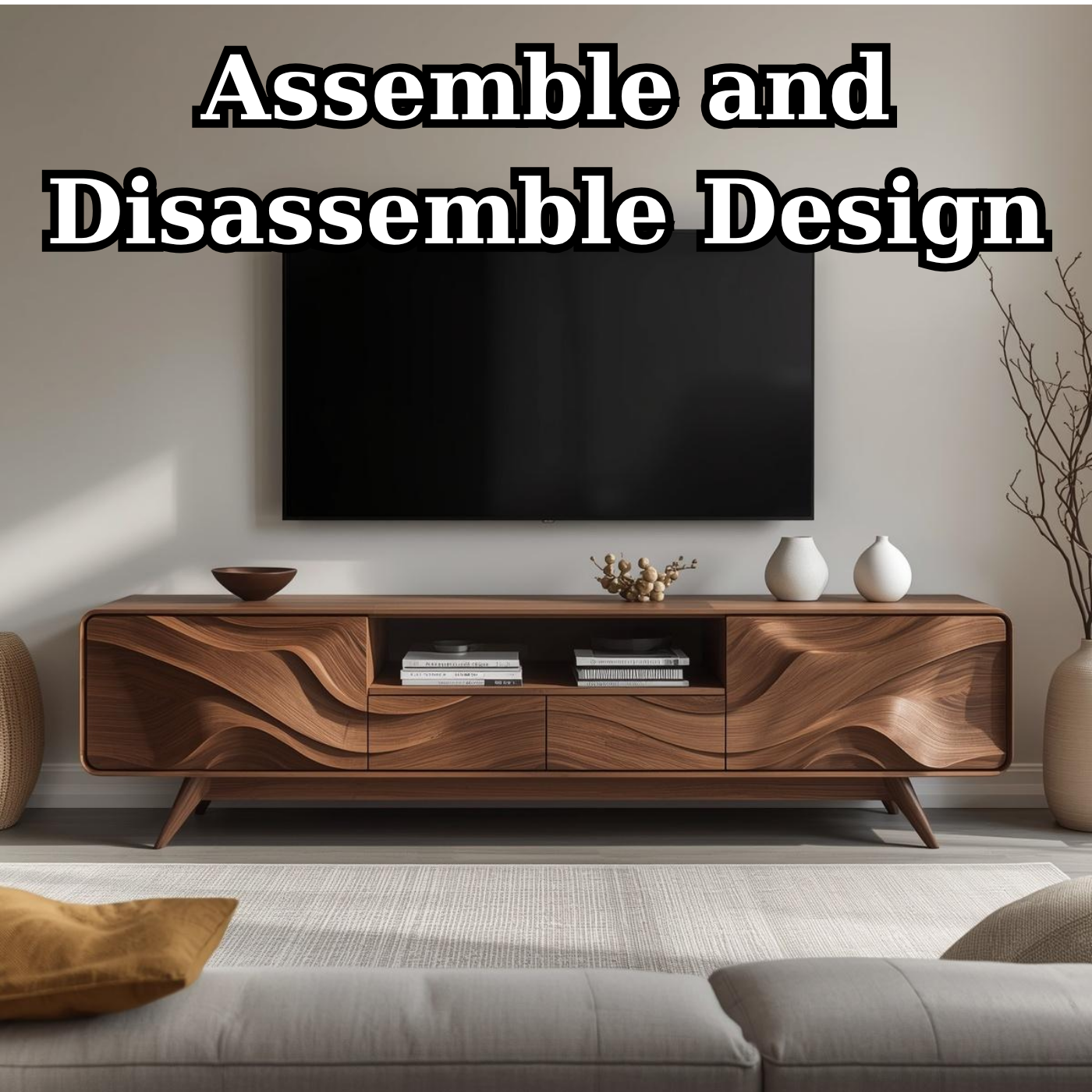 Solid Wood TV Stand with Sculpted Wave Front – Modern Rustic Media Console