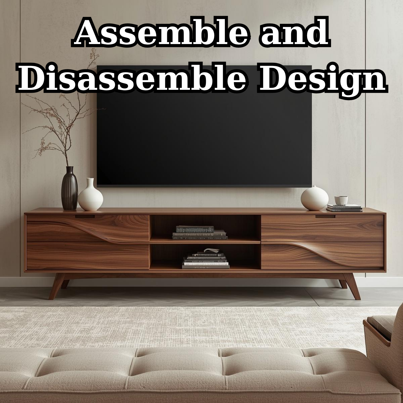 Solid Wood TV Stand with Wave Carved Drawers – Modern Mid-Century Media Console