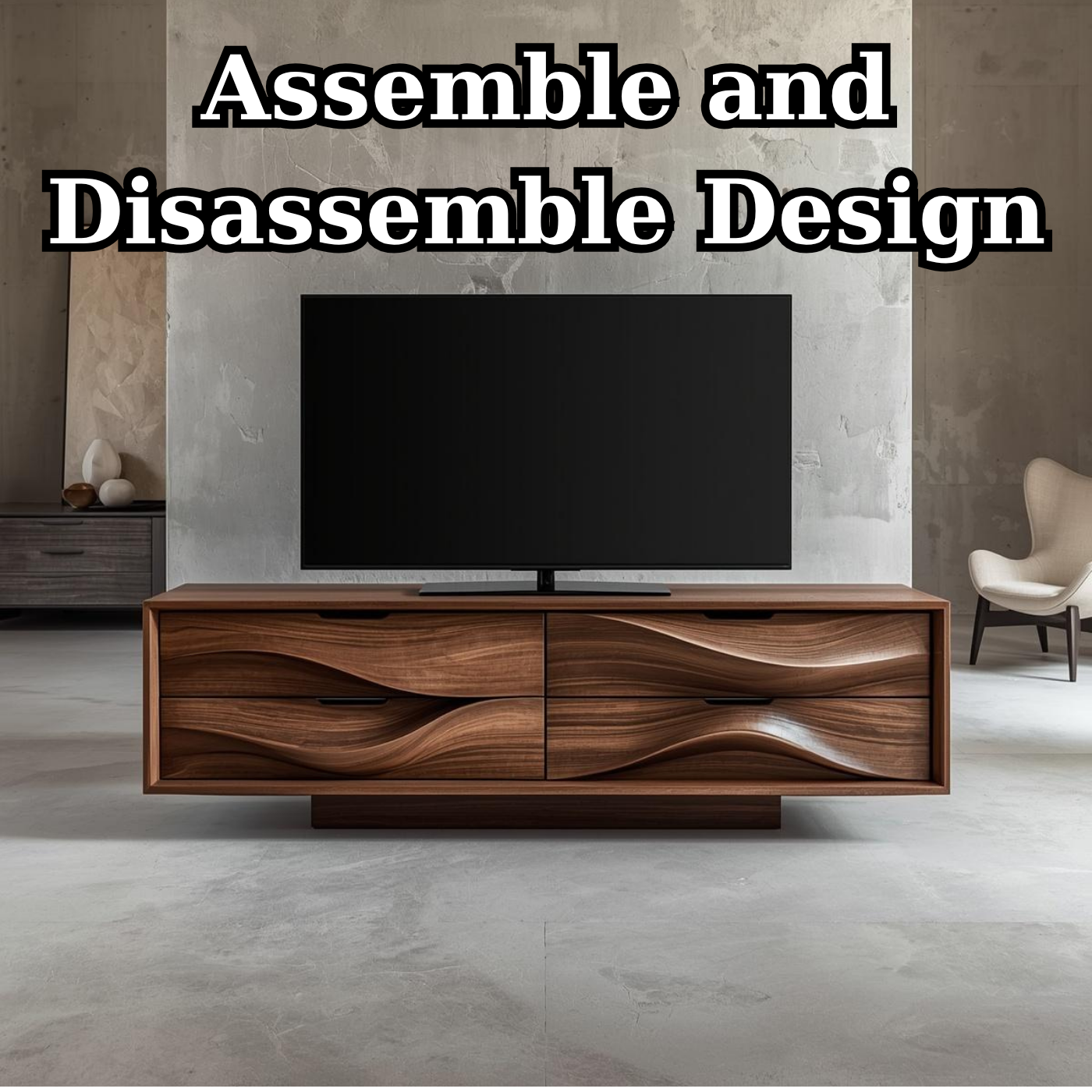 Solid Wood TV Stand with Sculpted Wave Doors – Modern Minimalist Media Console