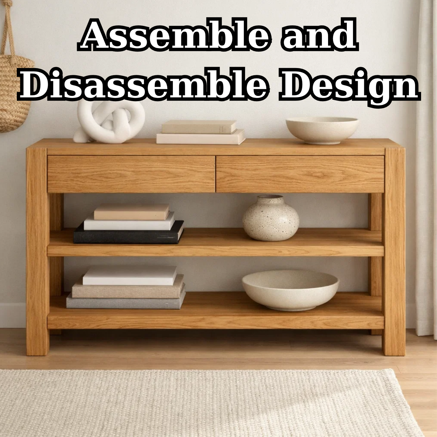 Solid Wood Console Table with Drawers and Shelves – Modern Oak Entryway Storage Table