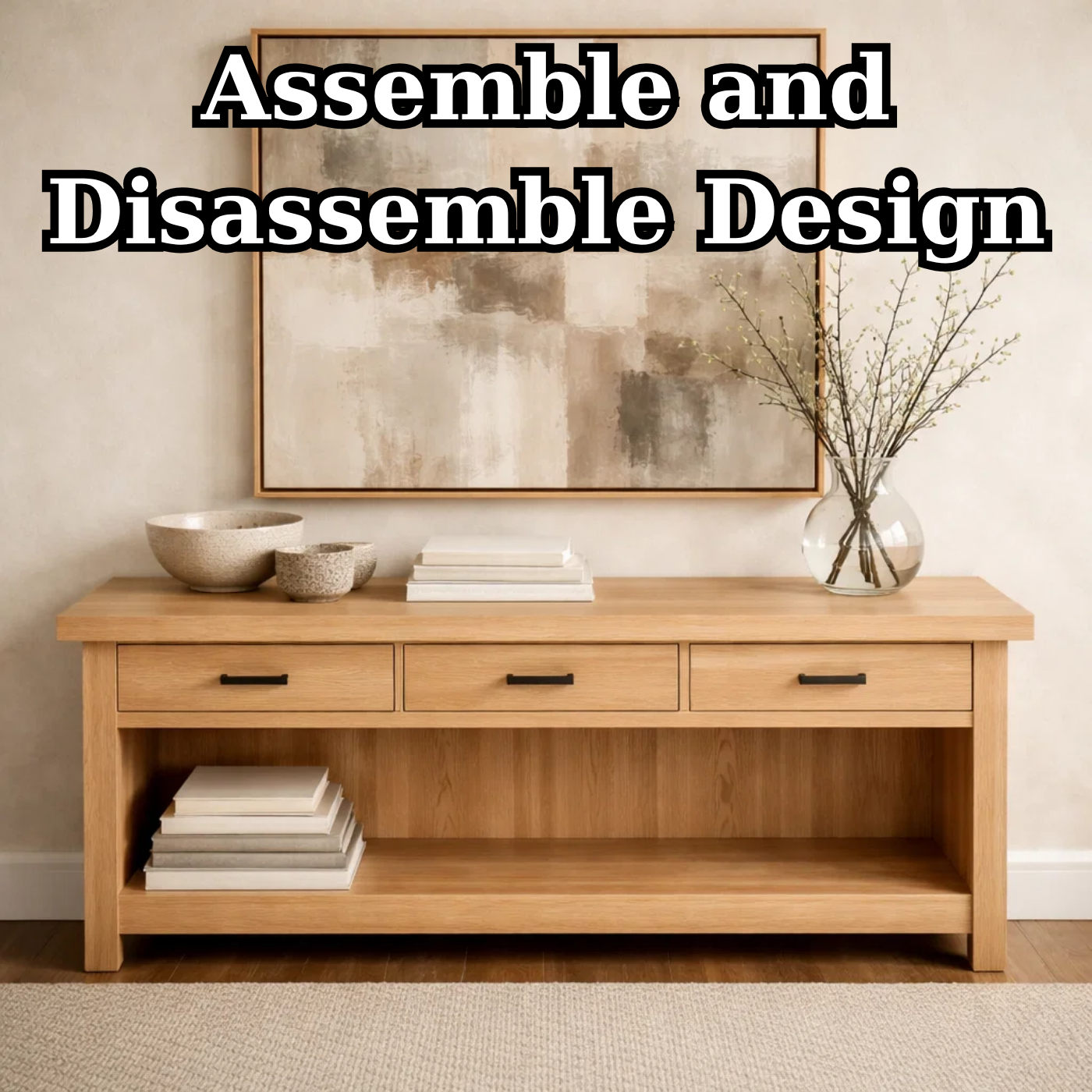 Handcraft Solid Wood Console Table with Drawers and Open Shelf