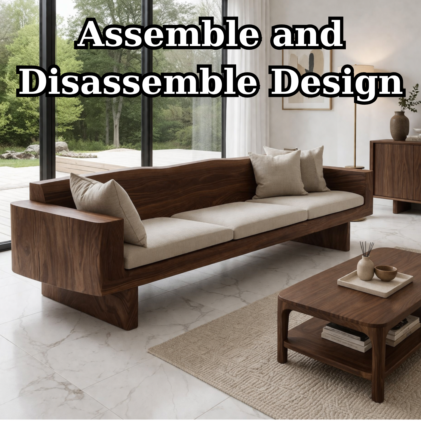 Walnut Solid Wood Sofa – Modern Rustic Wooden Living Room Sofa