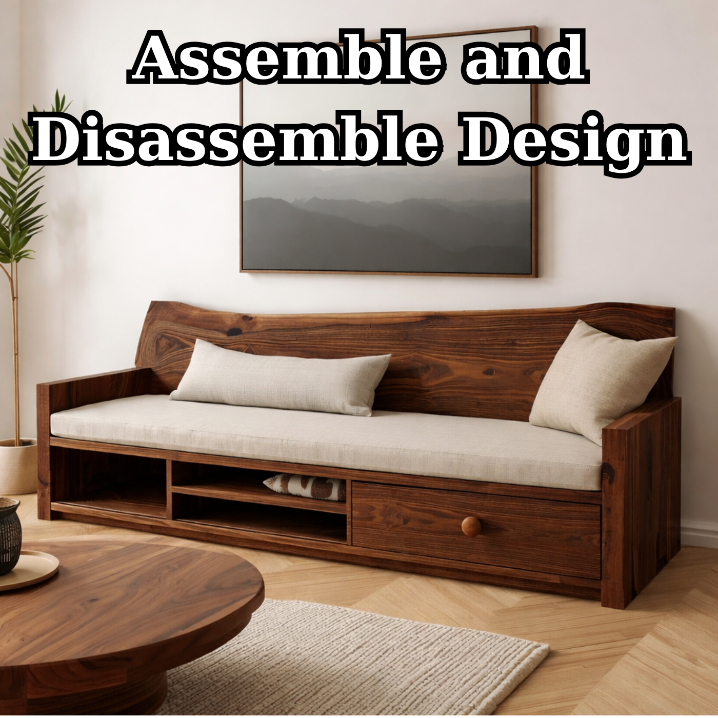 Solid Wood Storage Sofa – Rustic Wooden Bench Sofa with Drawer Shelf