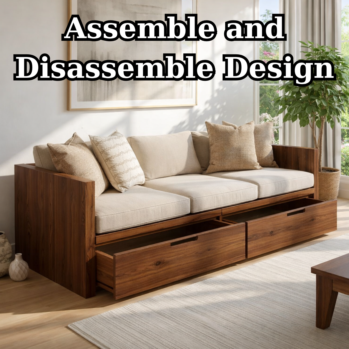 Solid Wood Storage Sofa – Walnut Wooden Sofa with Large Drawers