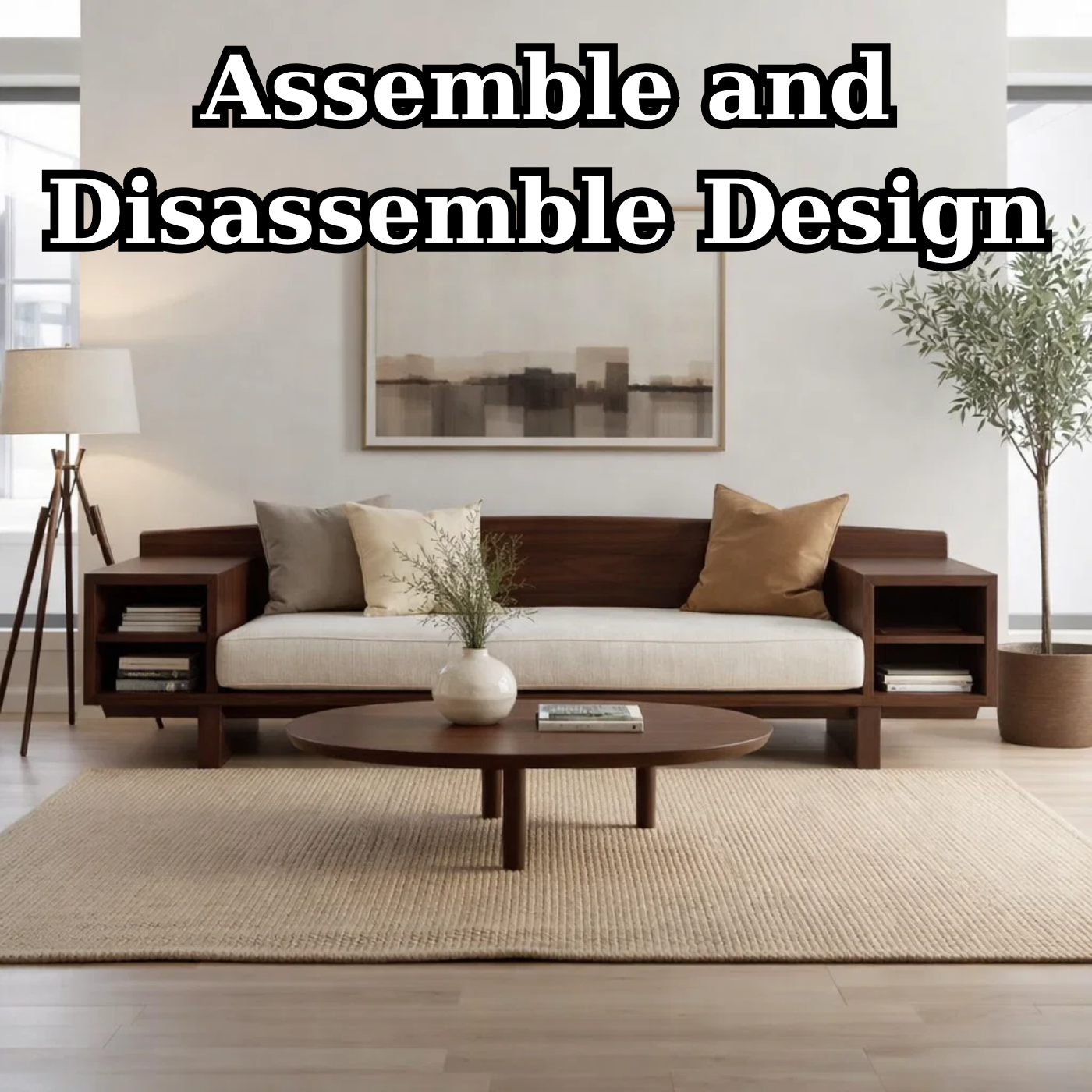 Walnut Solid Wood Sofa with Side Shelves – Modern Wooden Living Room Sofa