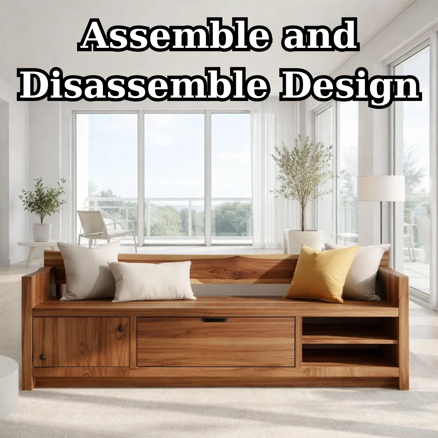 Solid Wood Storage Sofa Bench – Modern Wooden Sofa with Drawer and Open Shelves