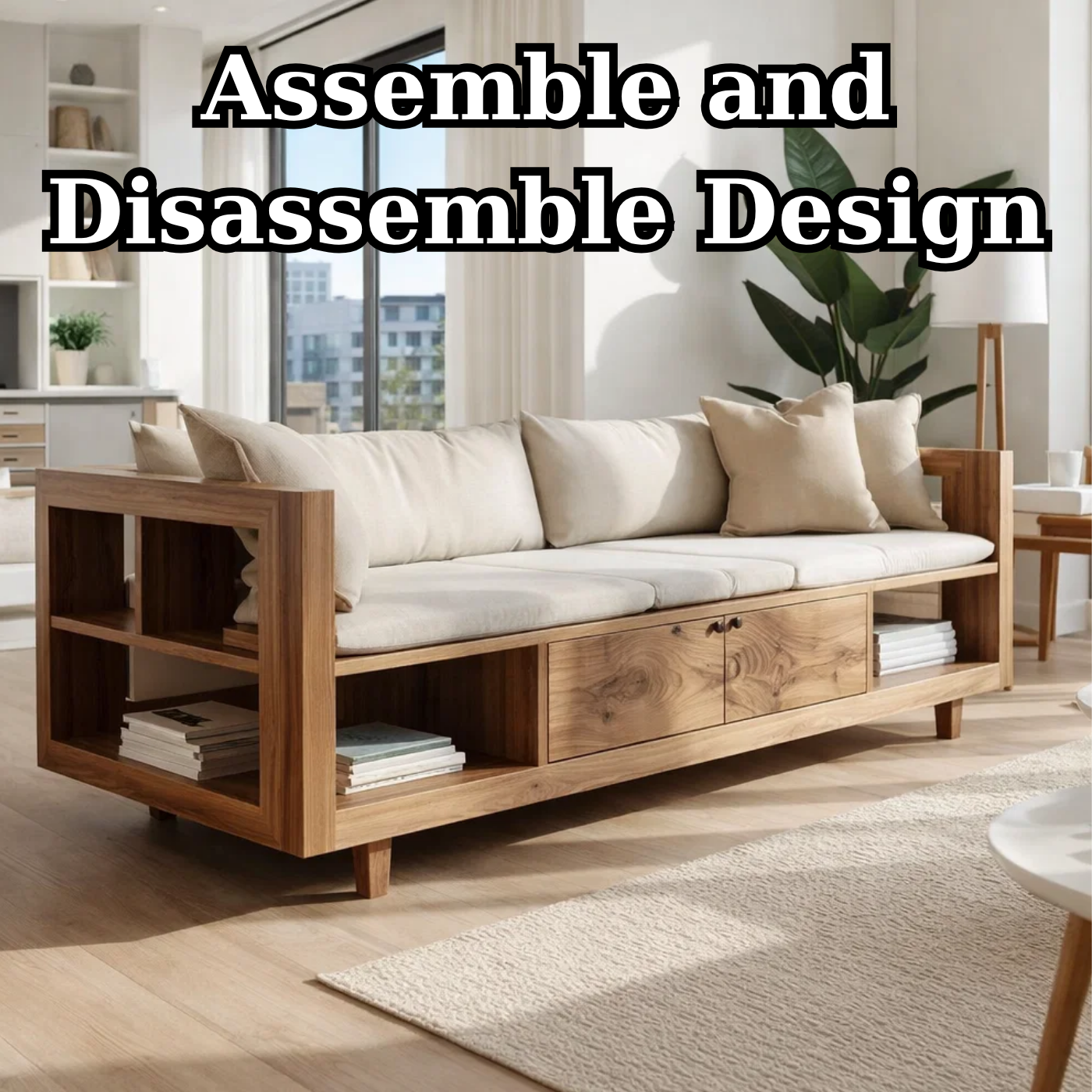 Solid Wood Storage Sofa – Modern Wooden Sofa with Shelves and Drawers
