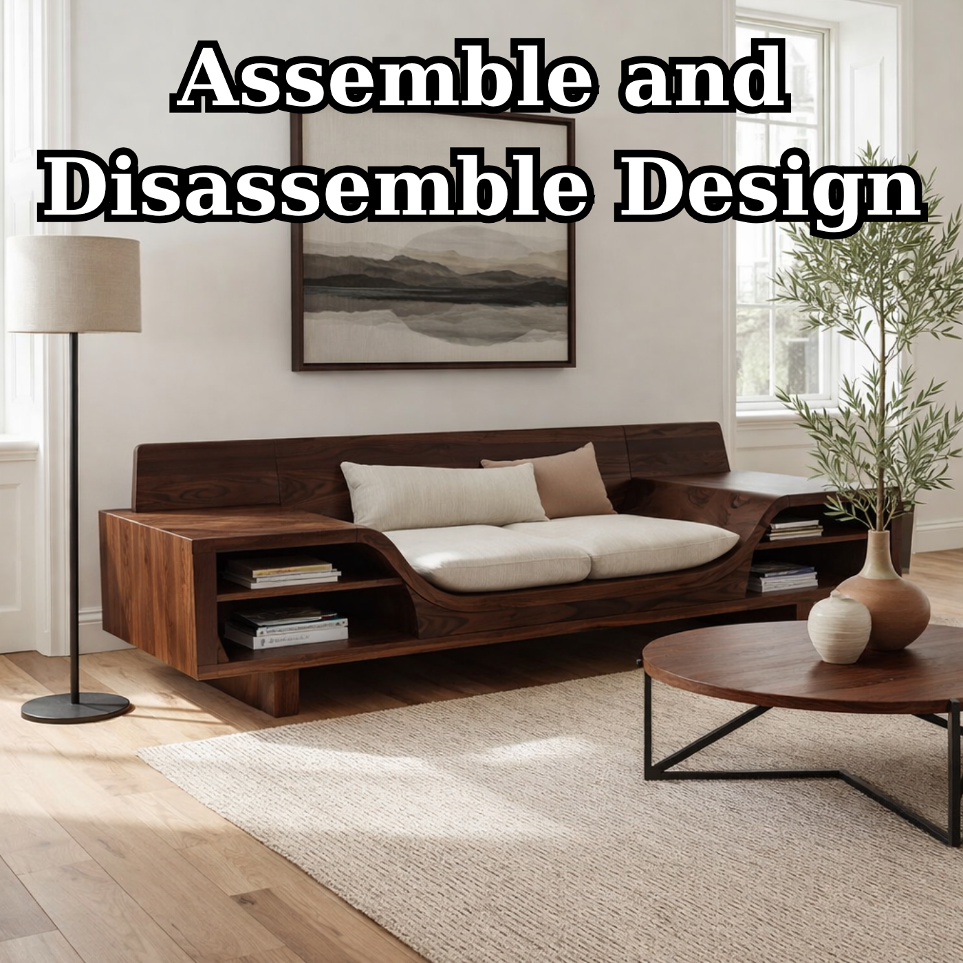 Walnut Solid Wood Sofa with Shelves – Modern Sculptural Wooden Sofa