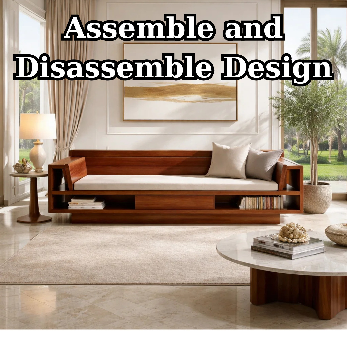 Solid Wood Storage Sofa – Modern Wooden Sofa with Shelf and Drawer