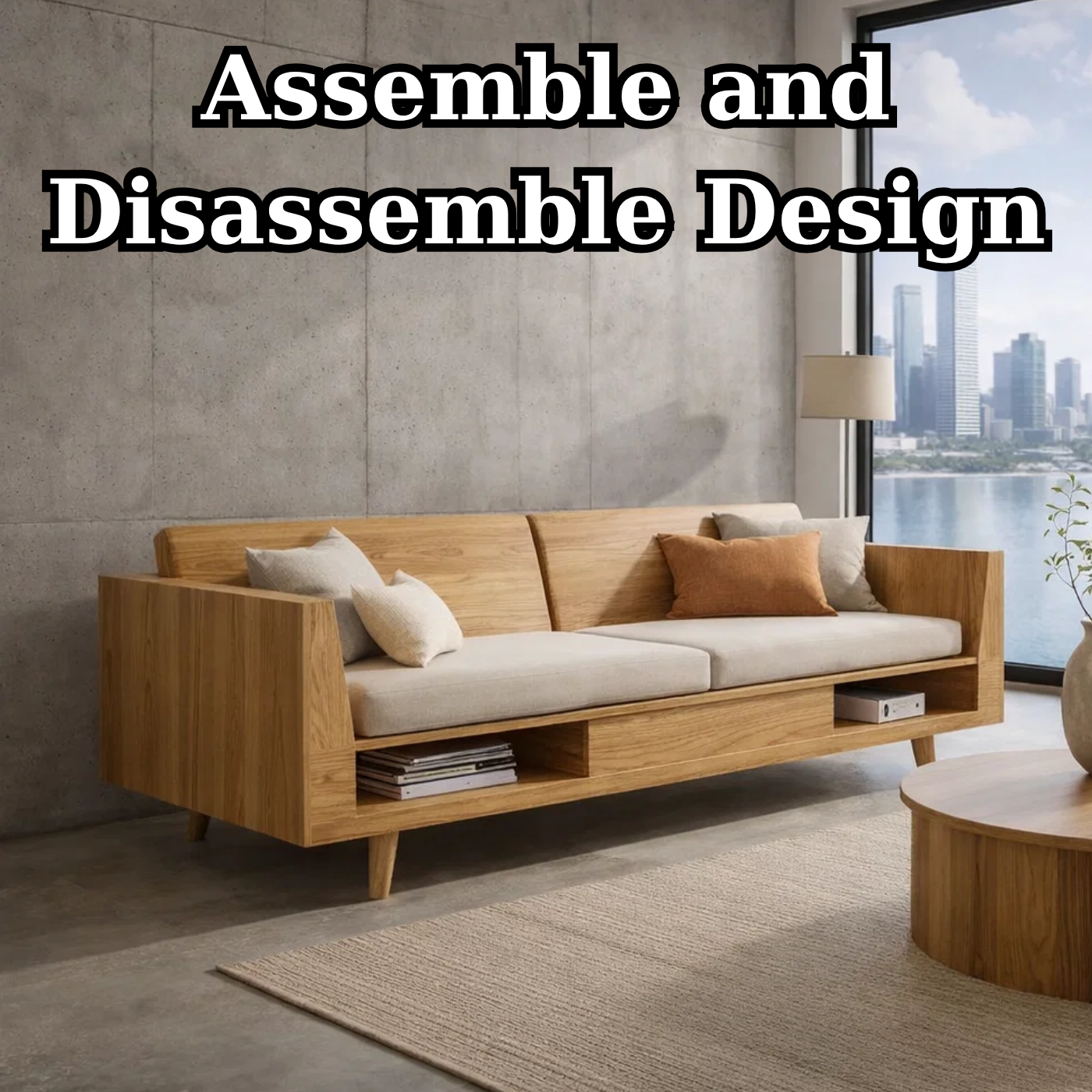 Solid Wood Storage Sofa – Modern Oak Wooden Sofa with Open Shelf
